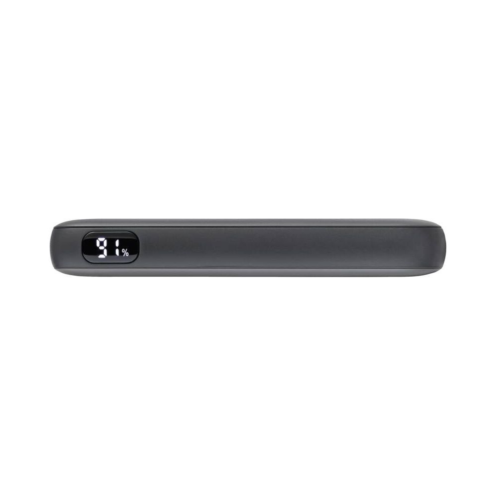 Power bank grigia con indicatore di carica al 91%.