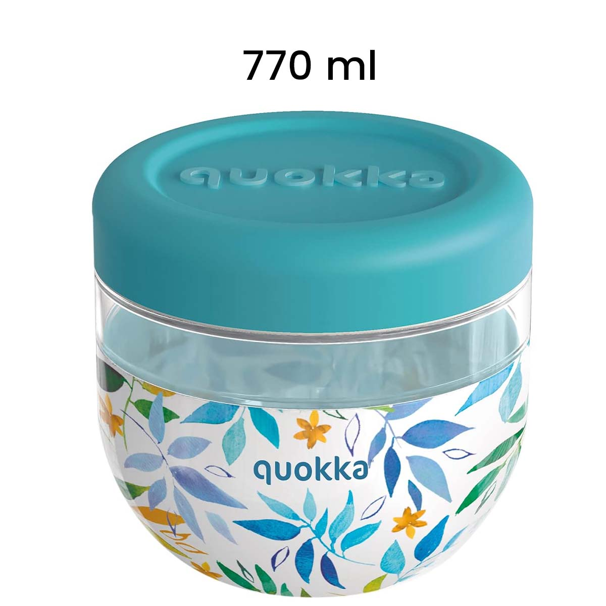 Coperchio turchese, contenitore da 770 ml con motivo floreale e logo Quokka.