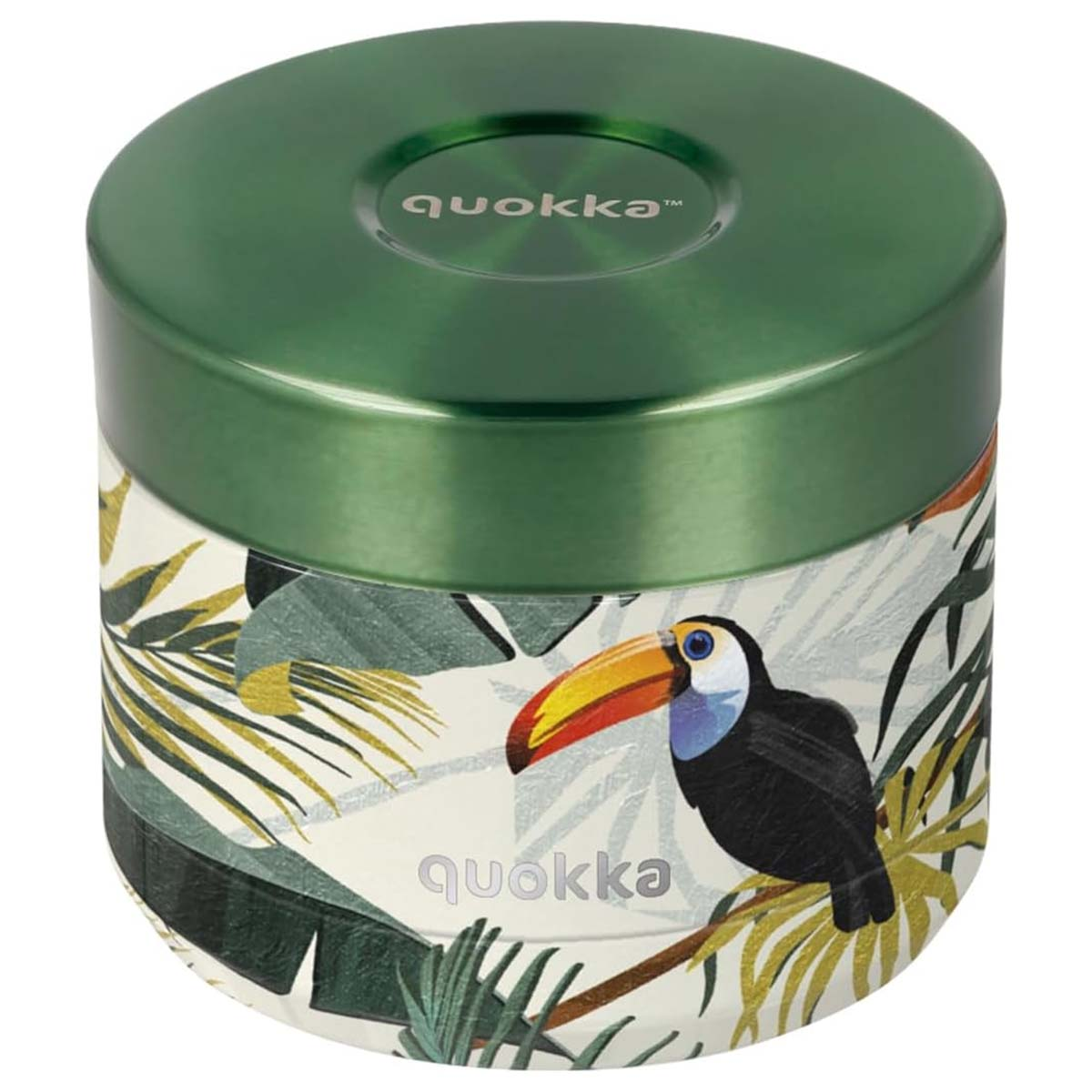 Contenitore verde con motivo tucano e logo Quokka.