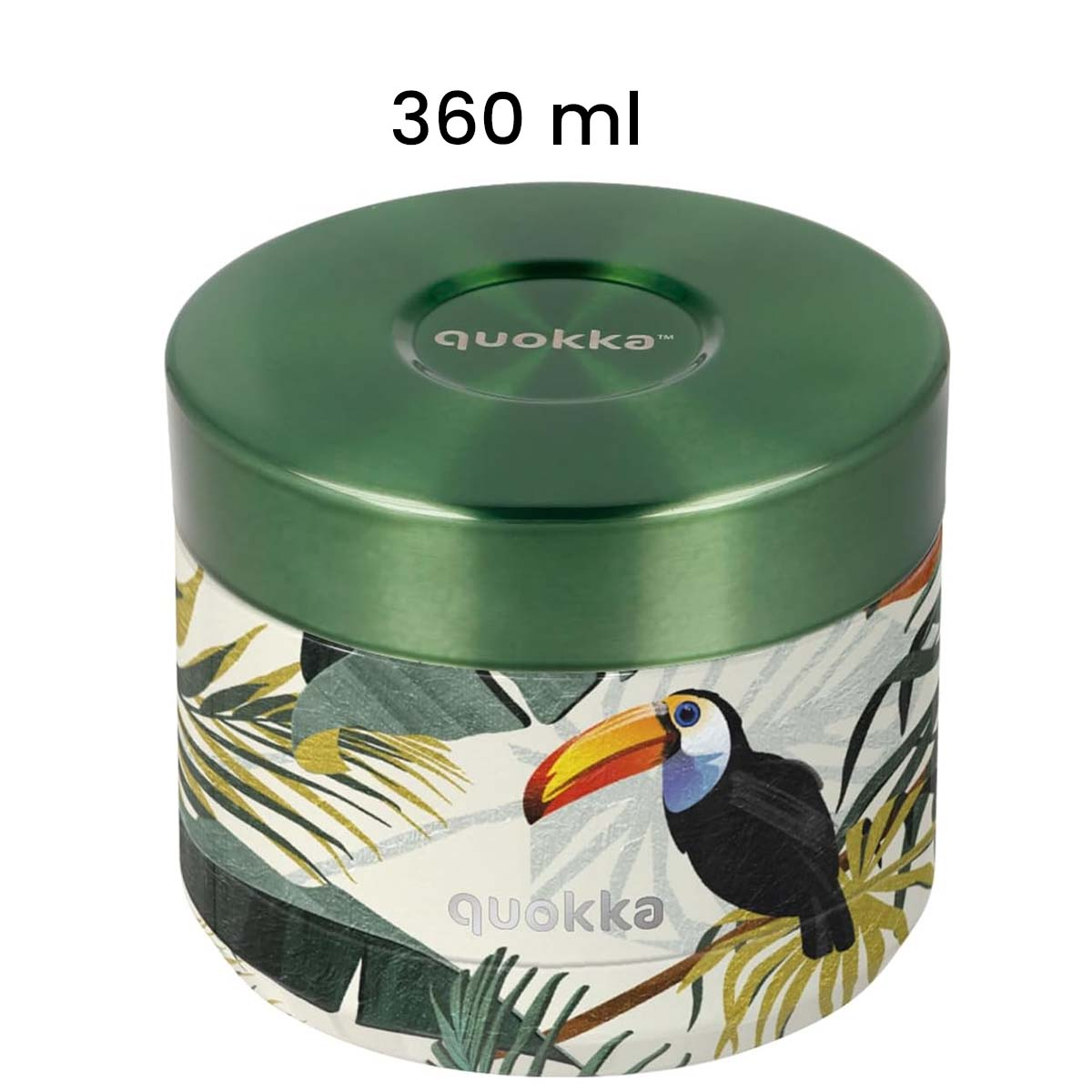 Contenitore verde da 360 ml con stampa tropicale e tucano.