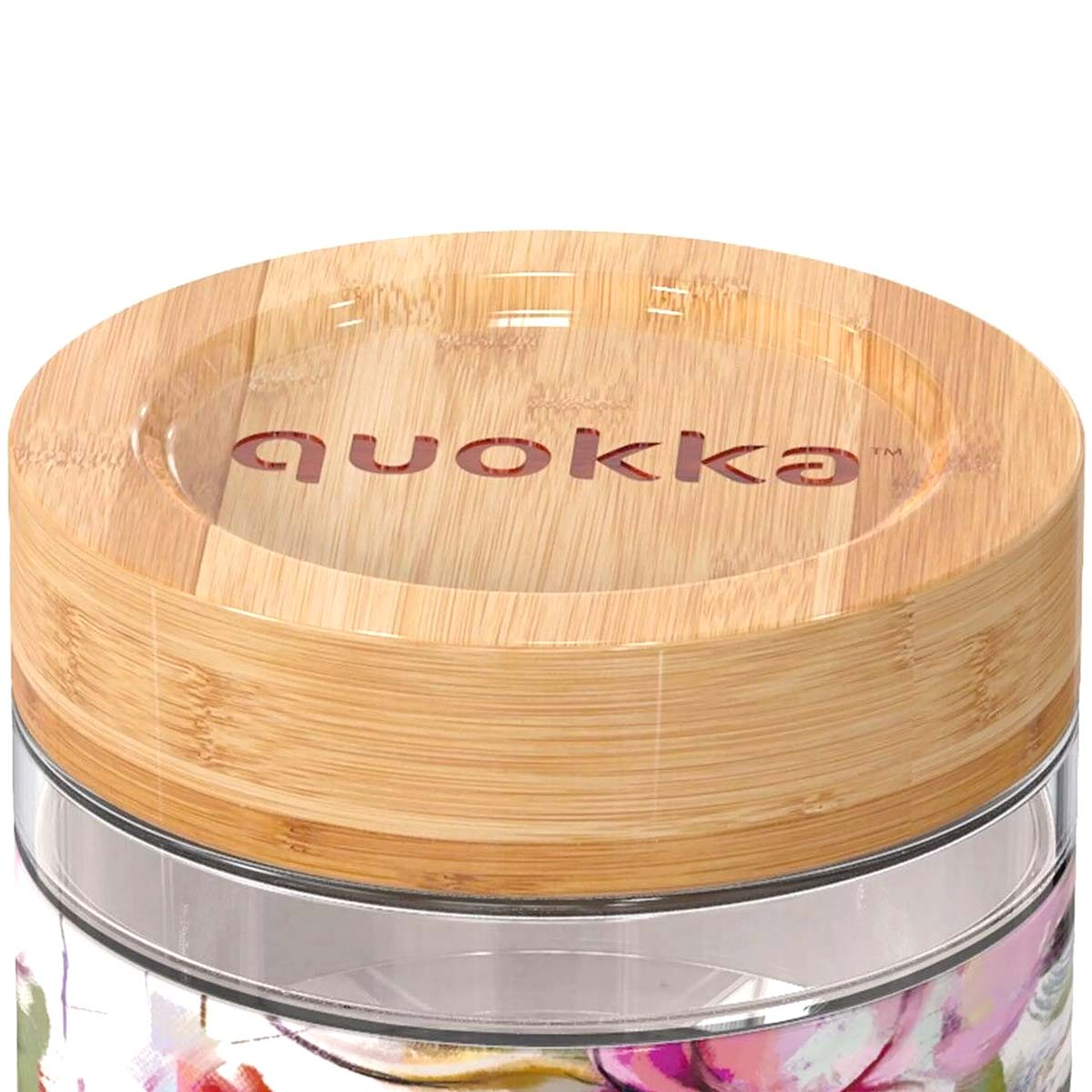 Coperchio in legno con logo 'quokka' su barattolo di vetro con stampa floreale.