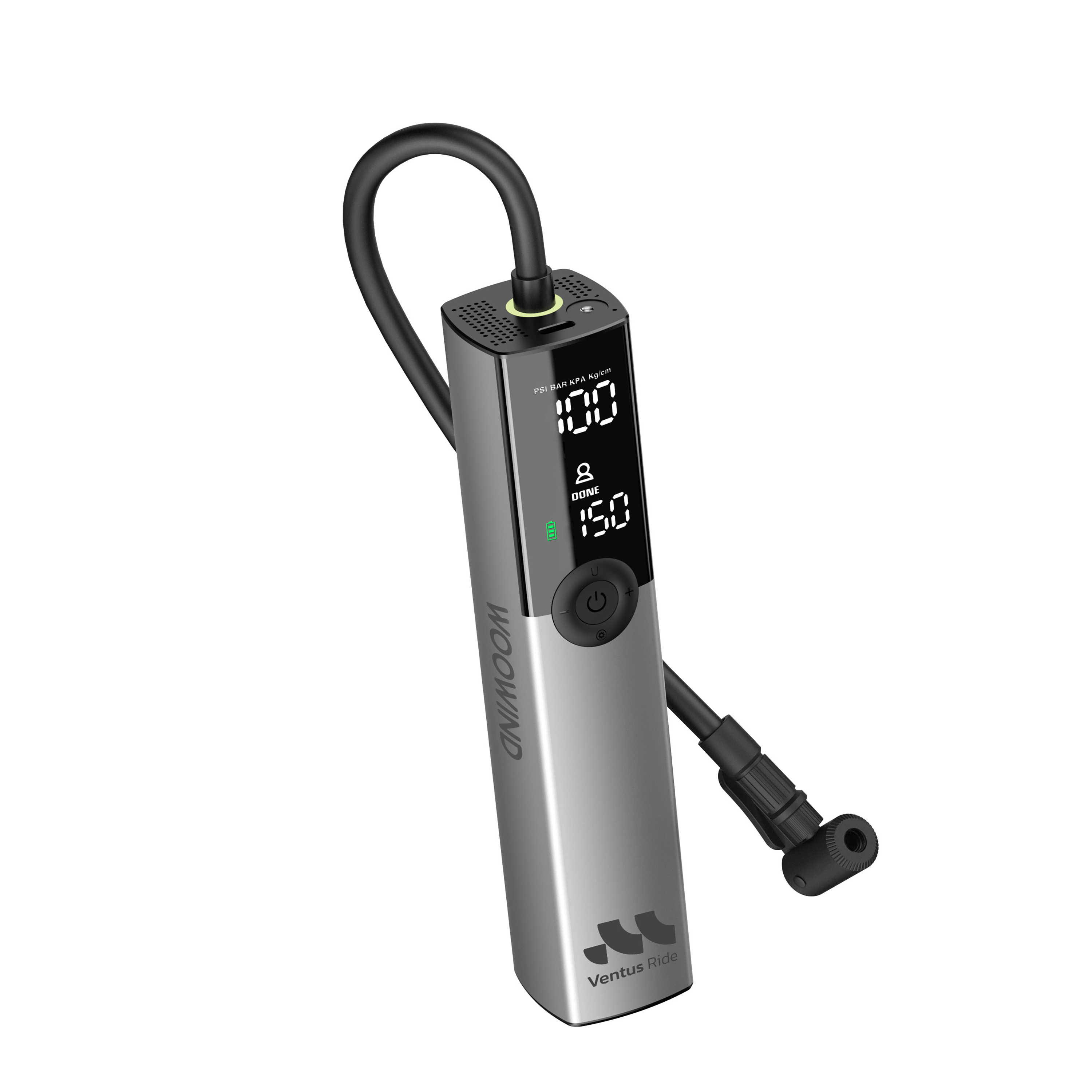 Silberne Luftpumpe mit schwarzem Schlauch und digitaler Anzeige.