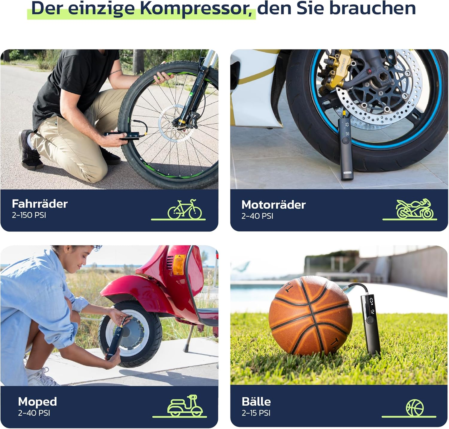 Ein Mann pumpt Fahrradreifen, Motorrad, Moped und Ball. Kompressor im Einsatz.
