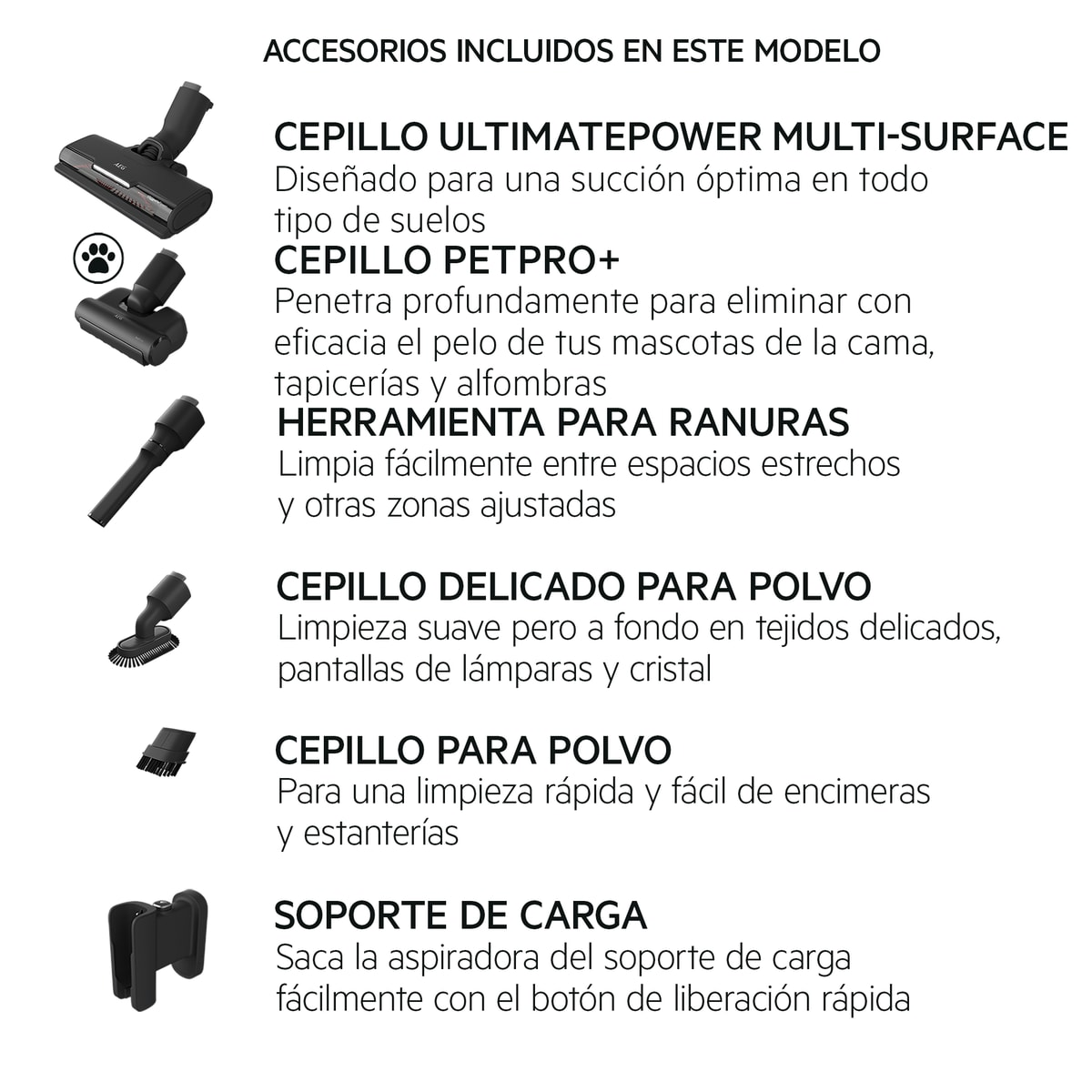 Elenco accessori aspirapolvere: spazzola, bocchetta fessure, spolverino, base ricarica.