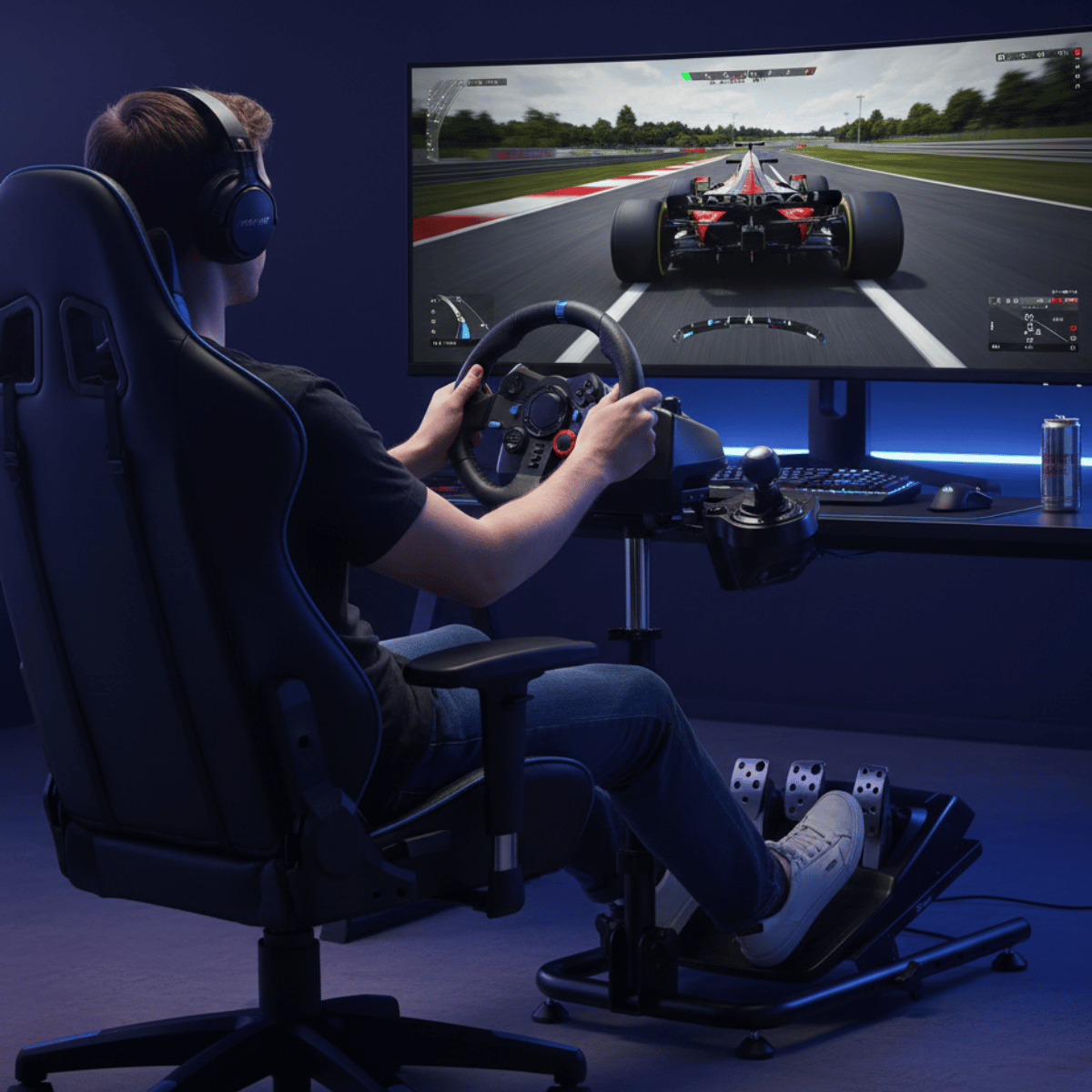 Man speelt een racespel met stuur en pedalen voor een grote monitor.