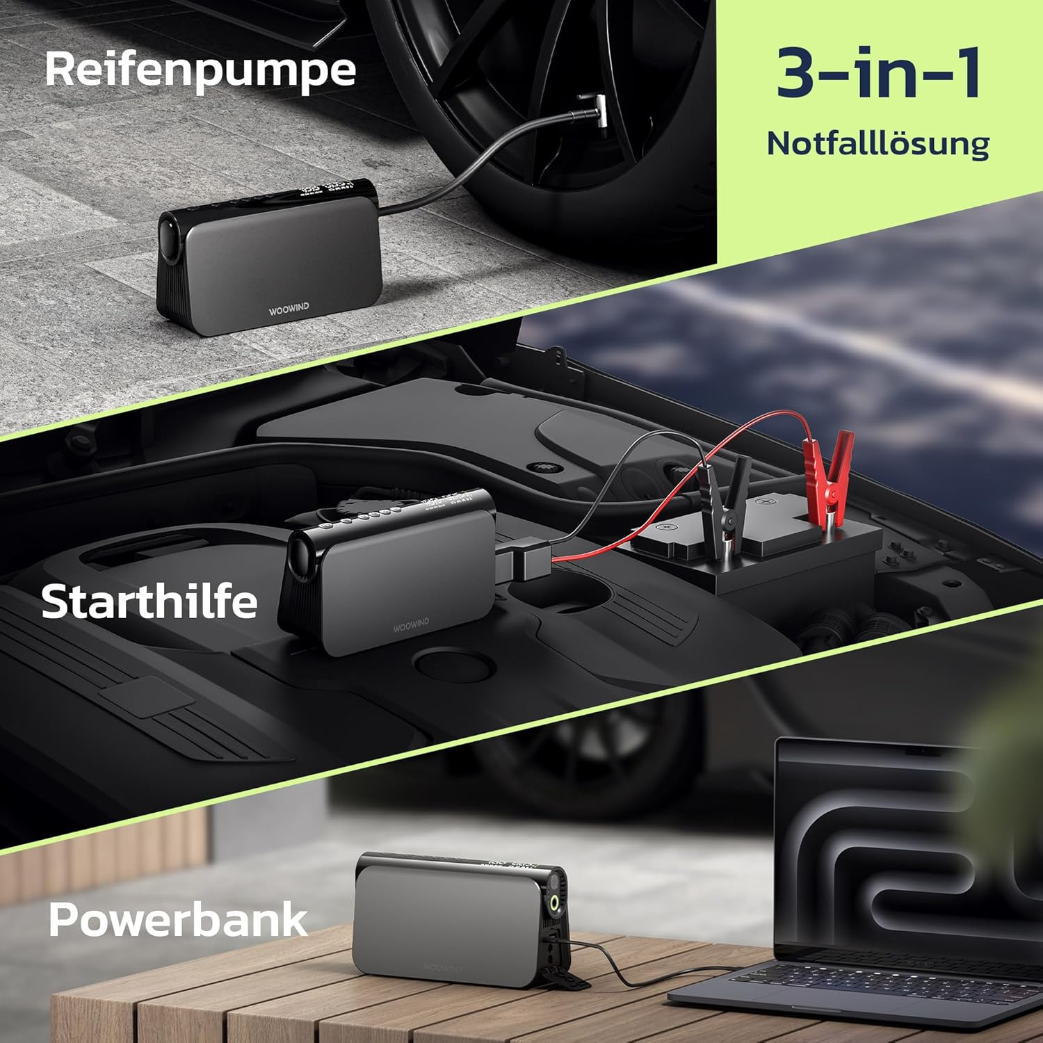 Un dispositivo nero 3 in 1: gonfiatore, avviatore, power bank per laptop.