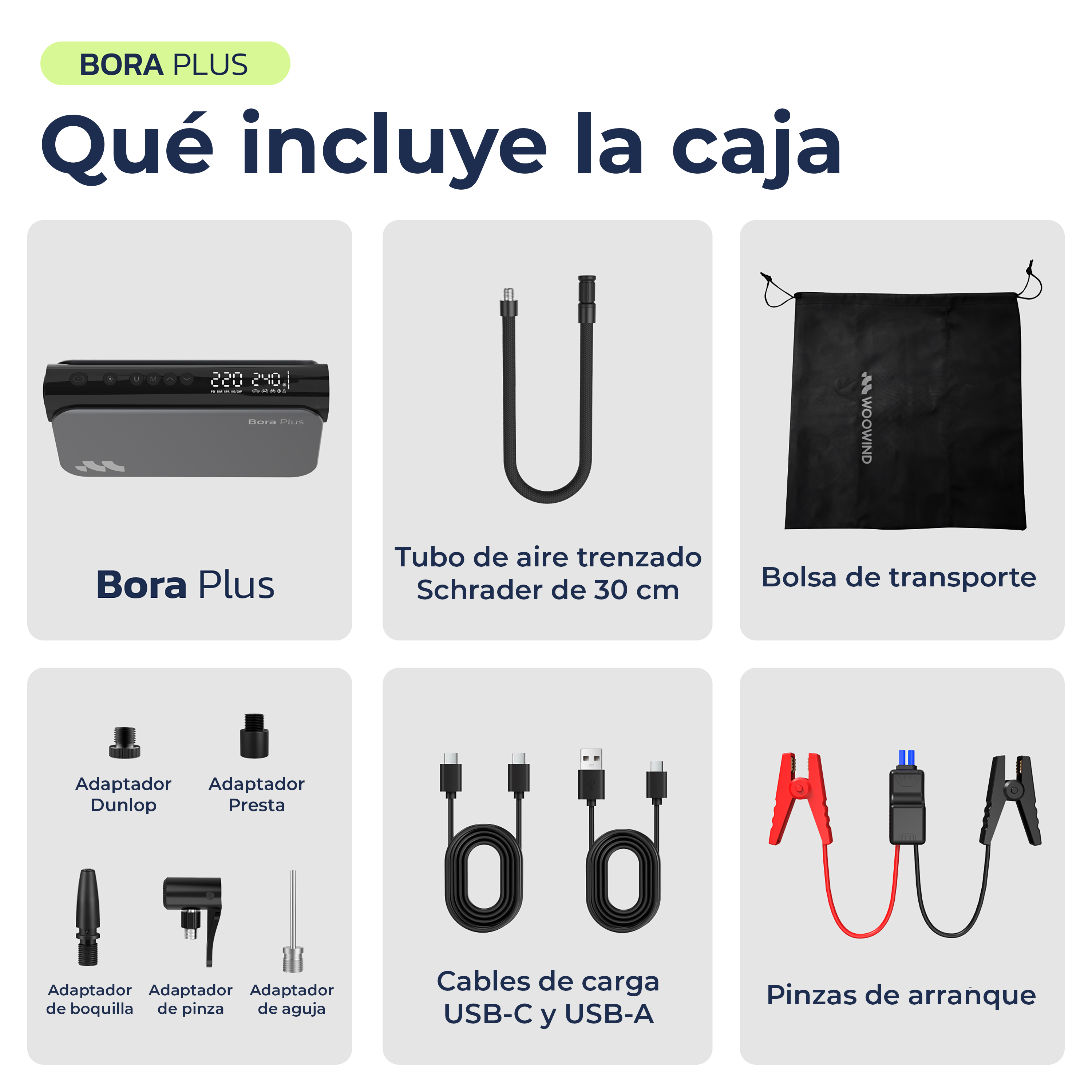 Bora Plus: Compressore, tubo, borsa, adattatori, cavi, avviamento.