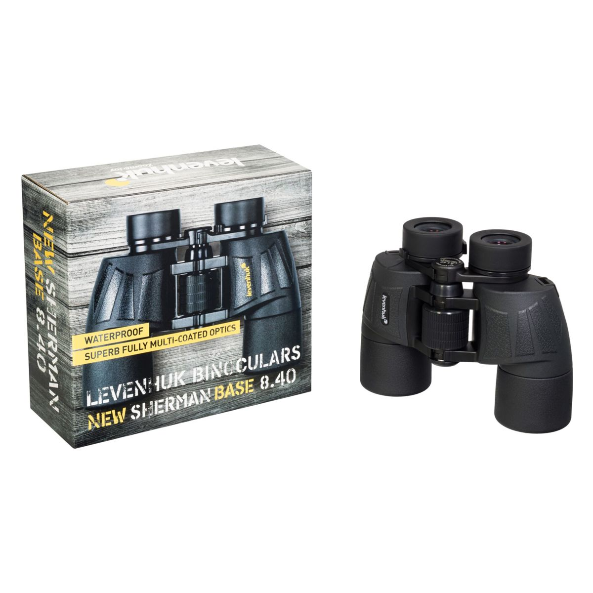 Ein schwarzes Fernglas und eine passende Verpackung mit der Aufschrift Levenhuk.