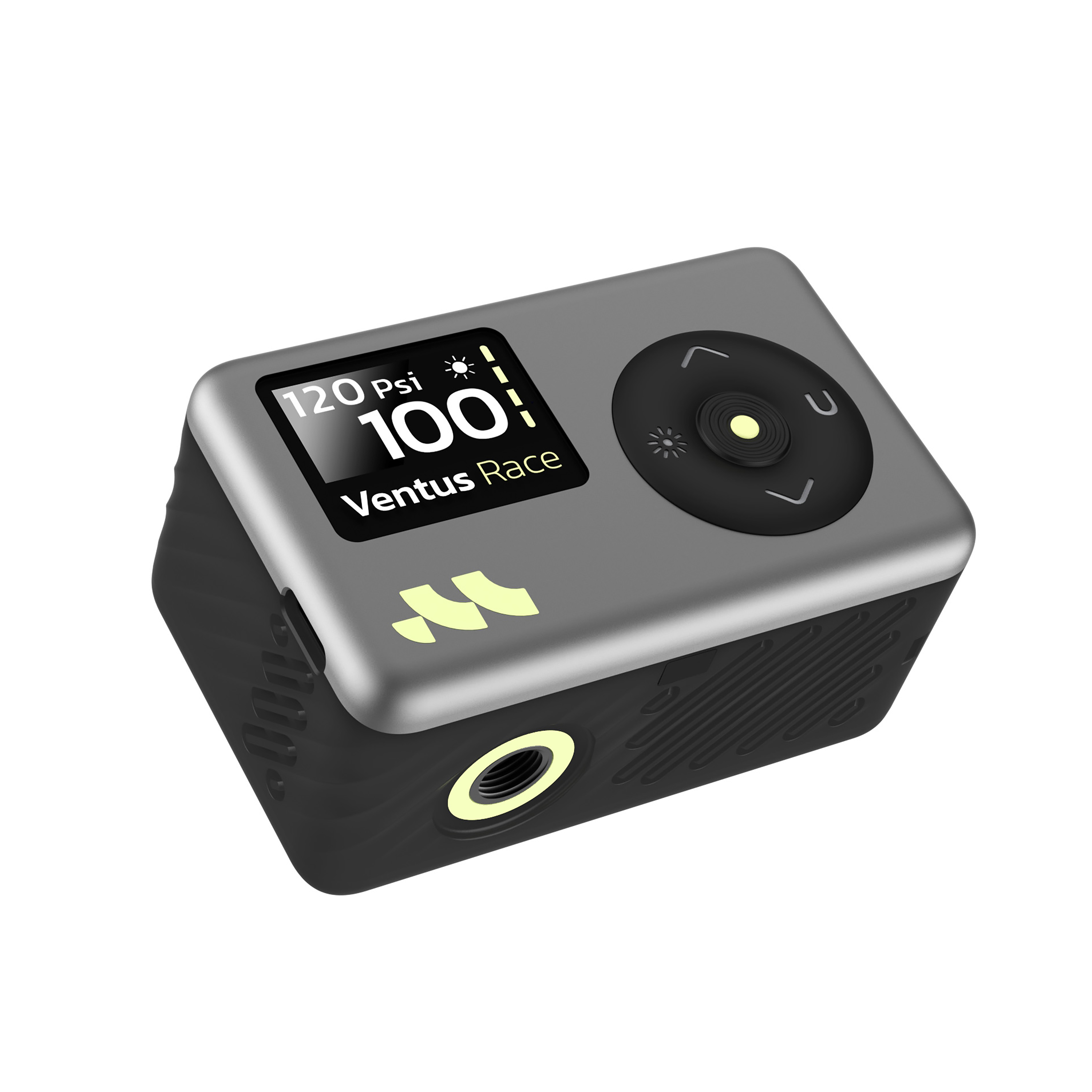Dispositivo gris con pantalla que muestra 100 Psi. Borde negro con ranuras de ventilación.