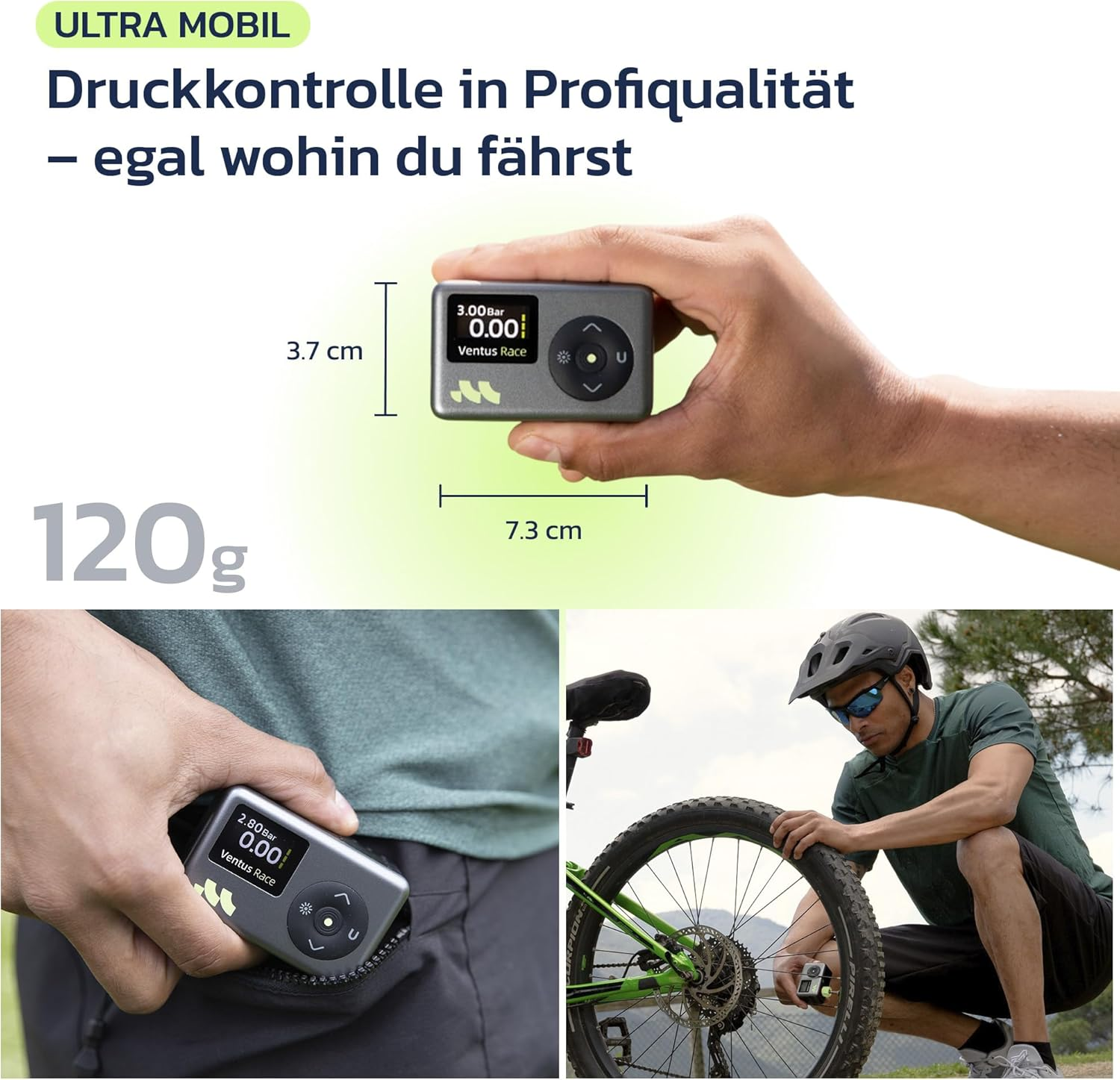 Un hombre comprueba la presión de los neumáticos de una bicicleta con un pequeño dispositivo digital. El dispositivo también se ve en un bolsillo.