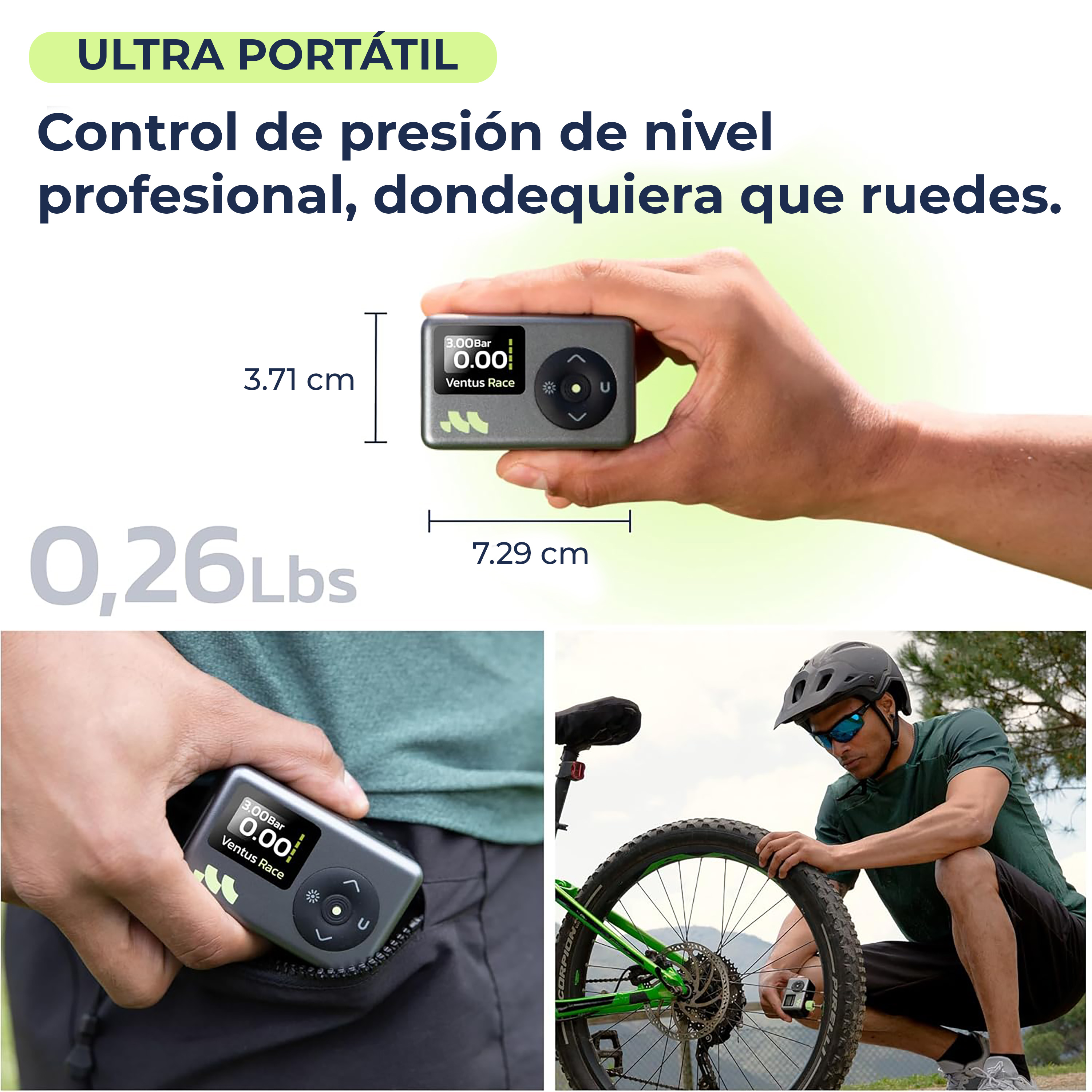 Un hombre sostiene un dispositivo pequeño. Se muestran dimensiones. Un ciclista revisa una bici.