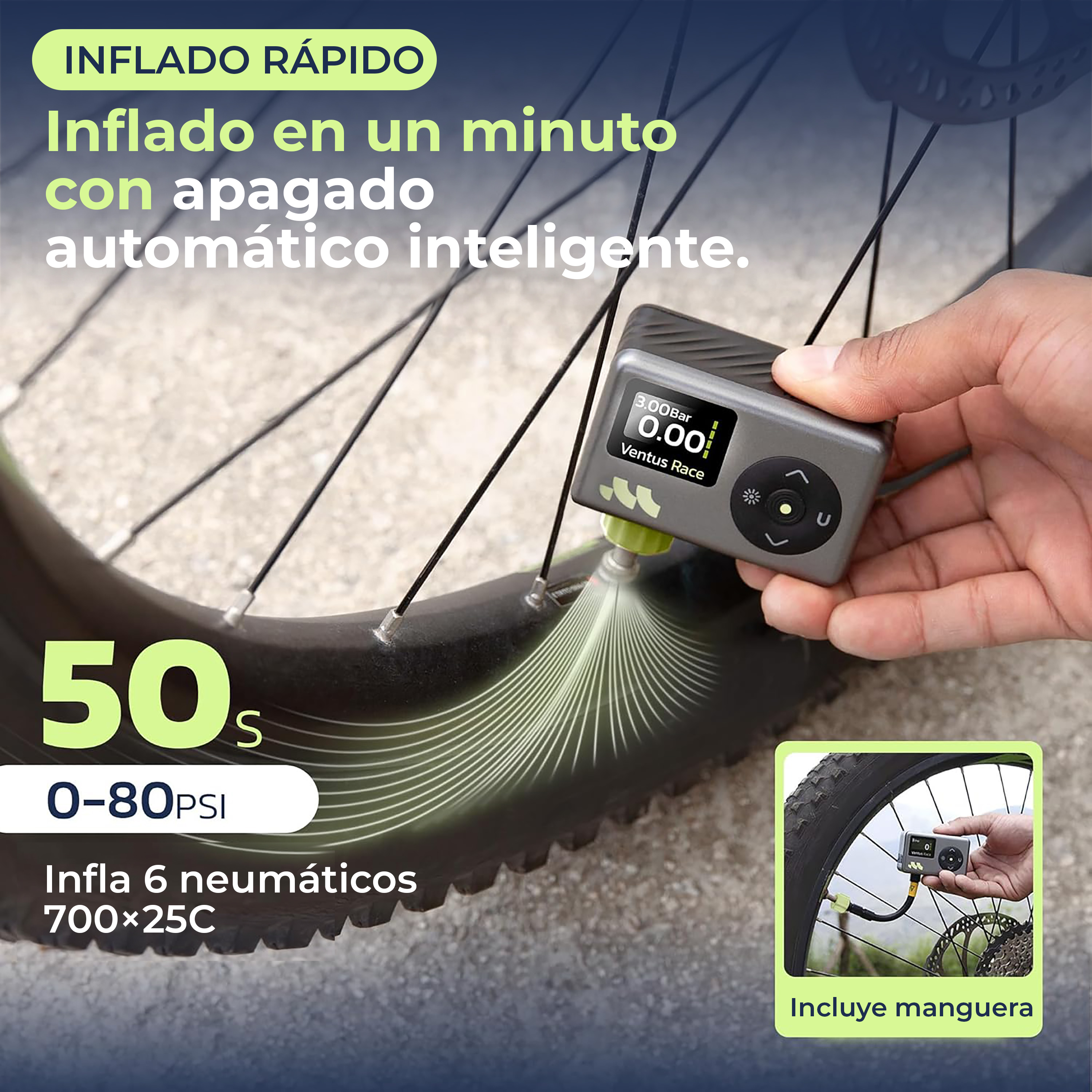 Hinchador de neumáticos digital gris con manguera en una válvula de bicicleta. Muestra 0.00 Bar.