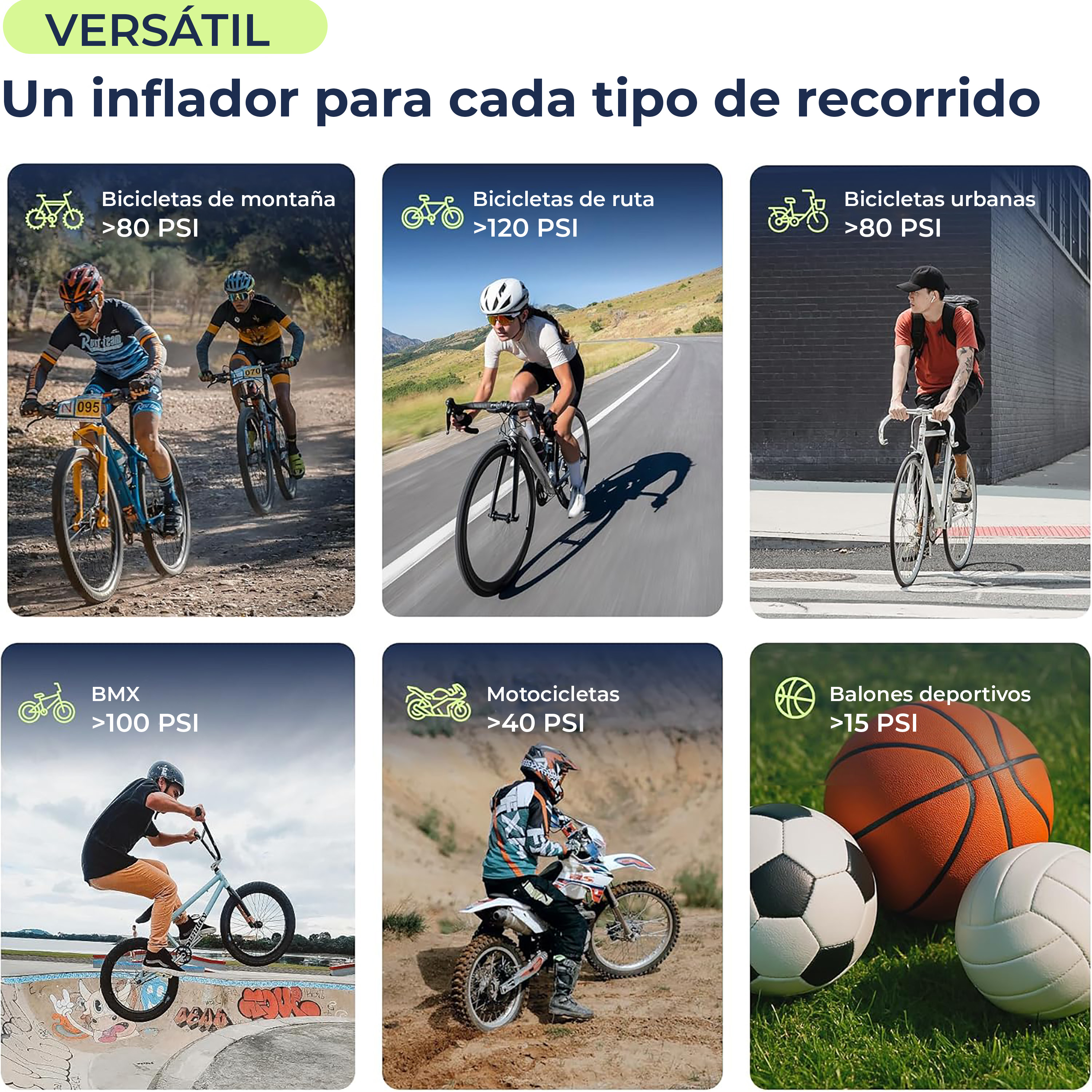 Ciclistas de montaña, ruta, urbanos, BMX, motociclistas, balones deportivos.