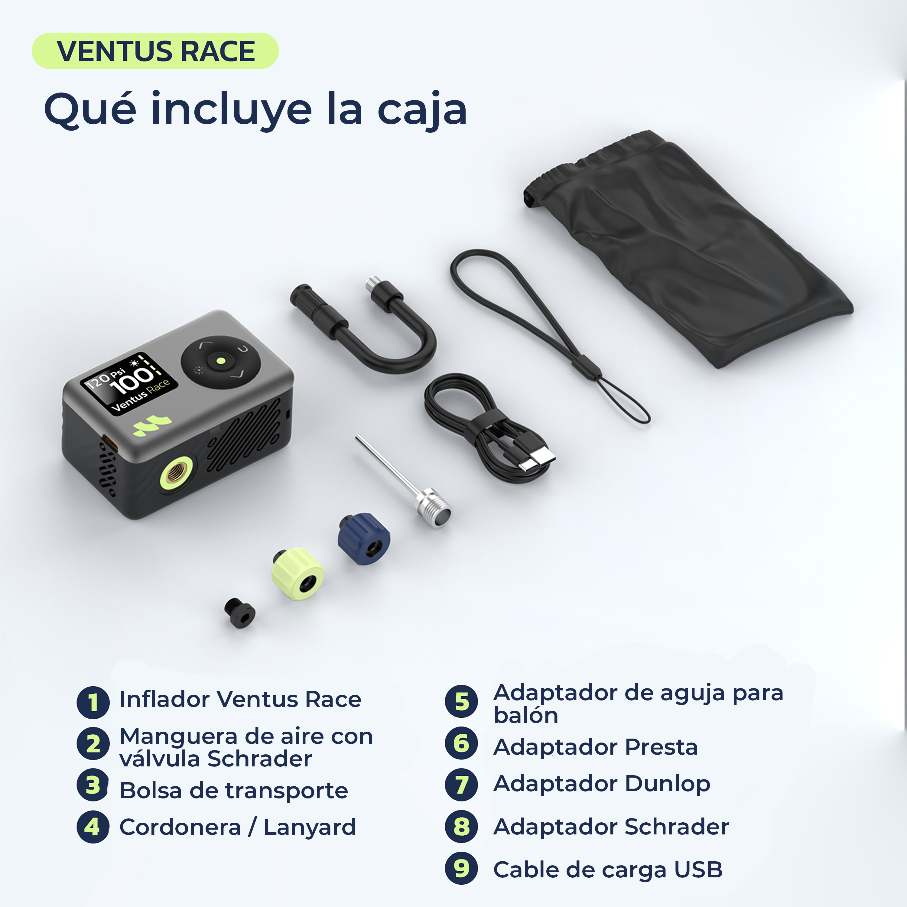 Inflador Ventus Race y accesorios: manguera, aguja, adaptadores, cordón, bolsa.