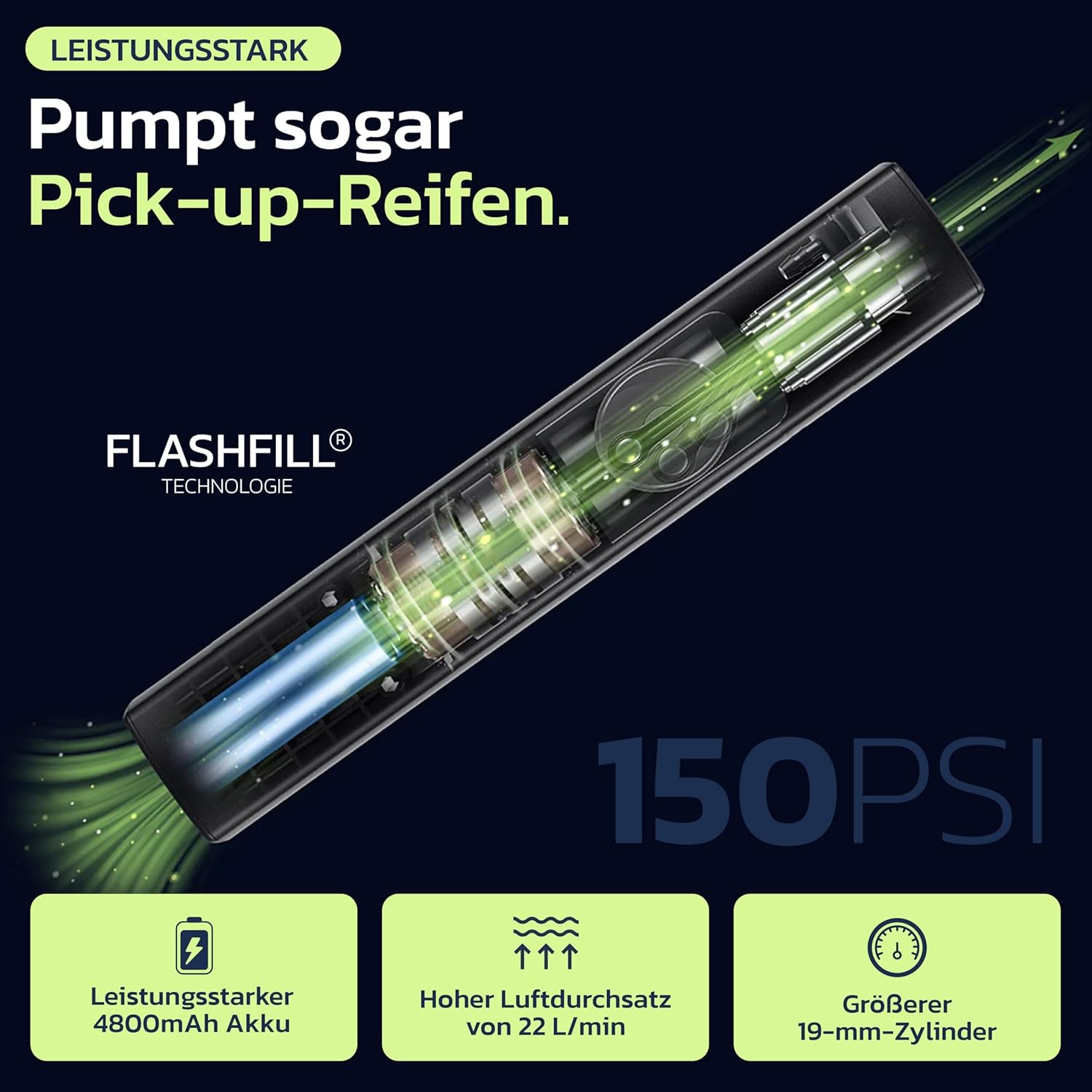 Compresor de aire potente de 150 PSI, batería de 4800mAh, 22 L/min y cilindro de 19mm.
