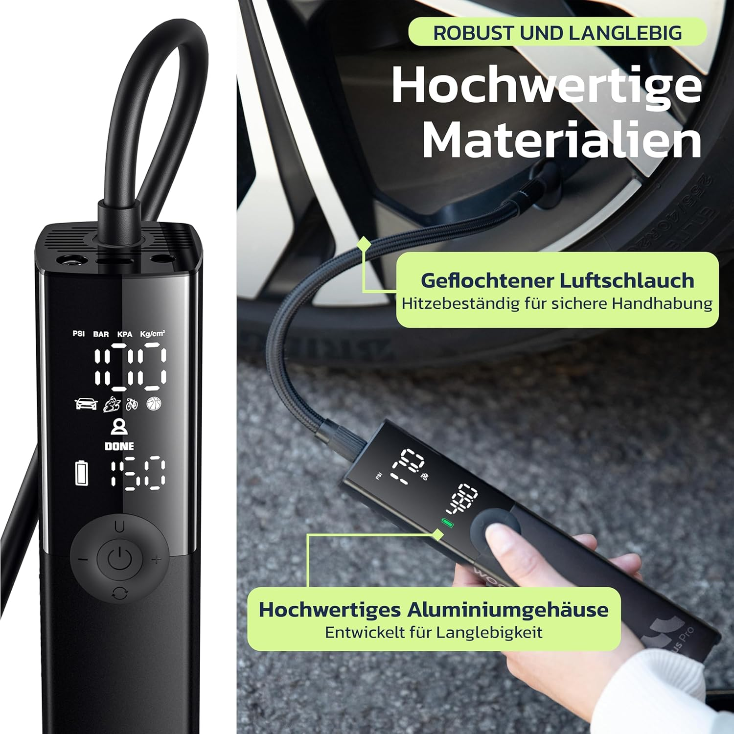 Inflador de neumáticos digital negro con manguera conectada a un neumático de coche. Muestra presión.