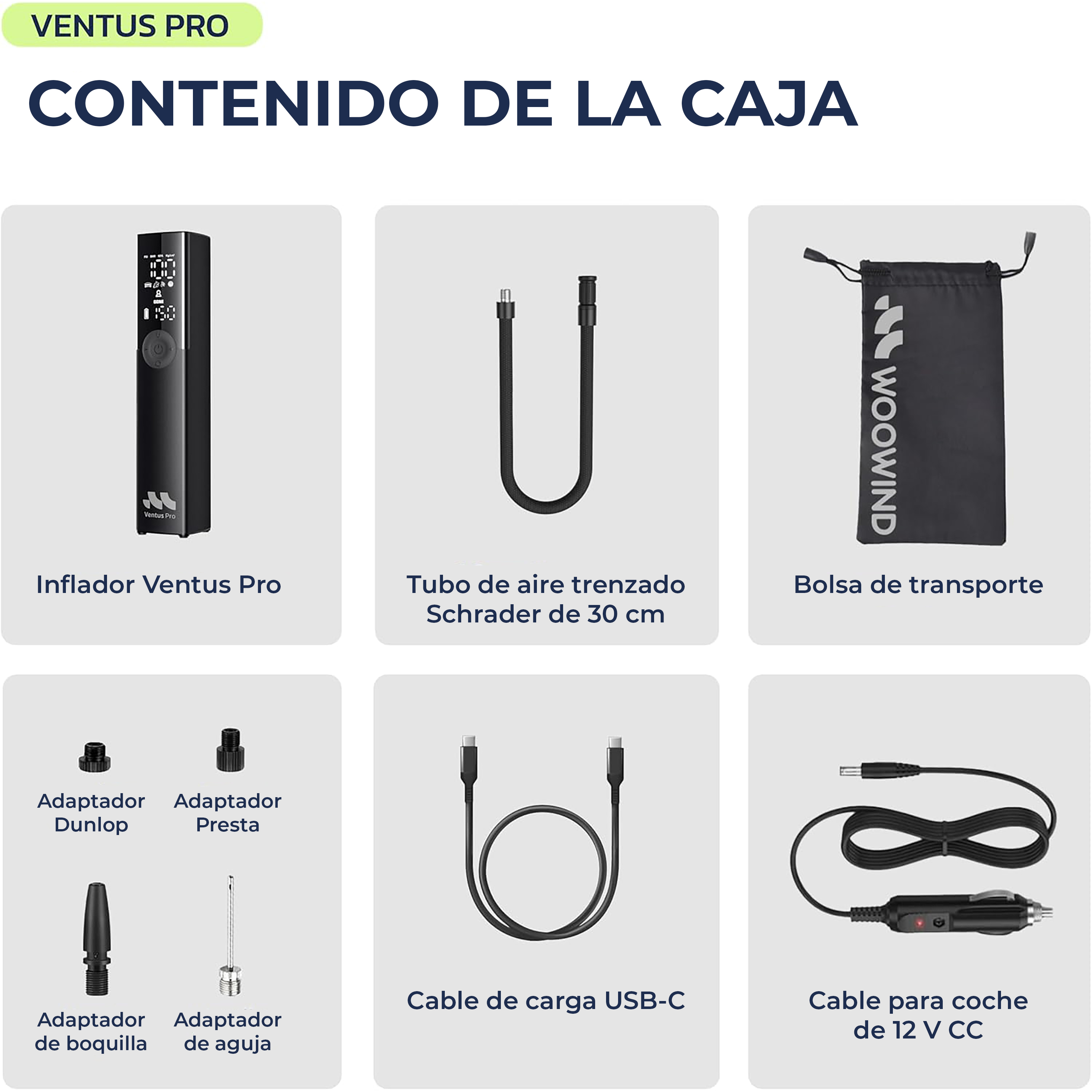 Compresor de aire digital negro con accesorios: manguera, bolsa, adaptadores, cables.