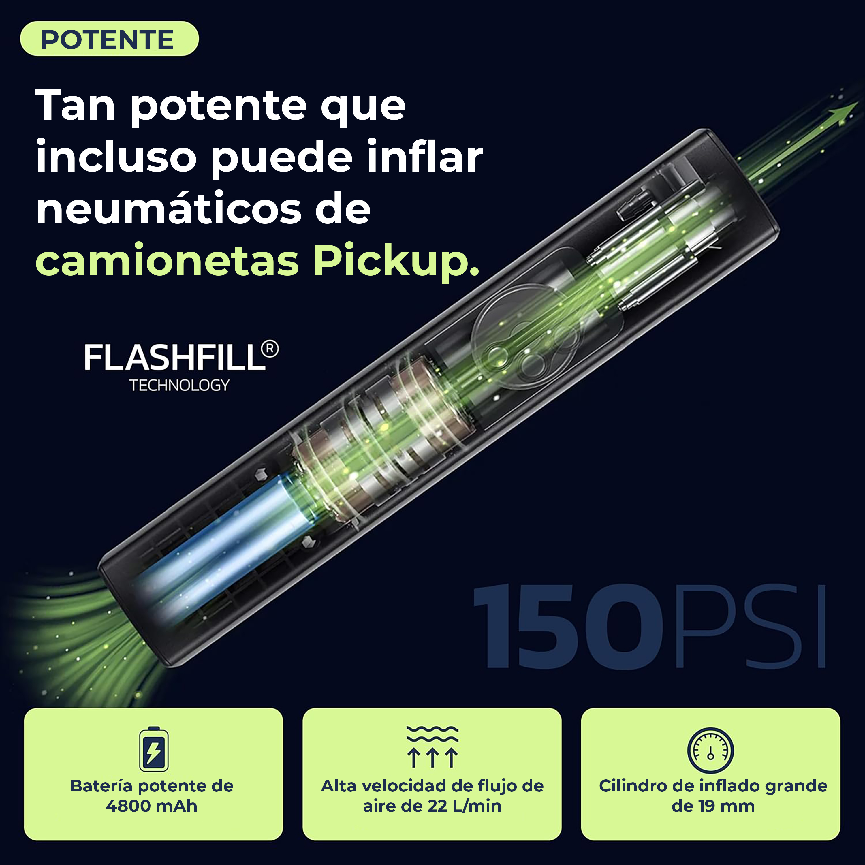 Inflador potente de 150 PSI con batería de 4800 mAh y flujo de aire de 22 L/min.