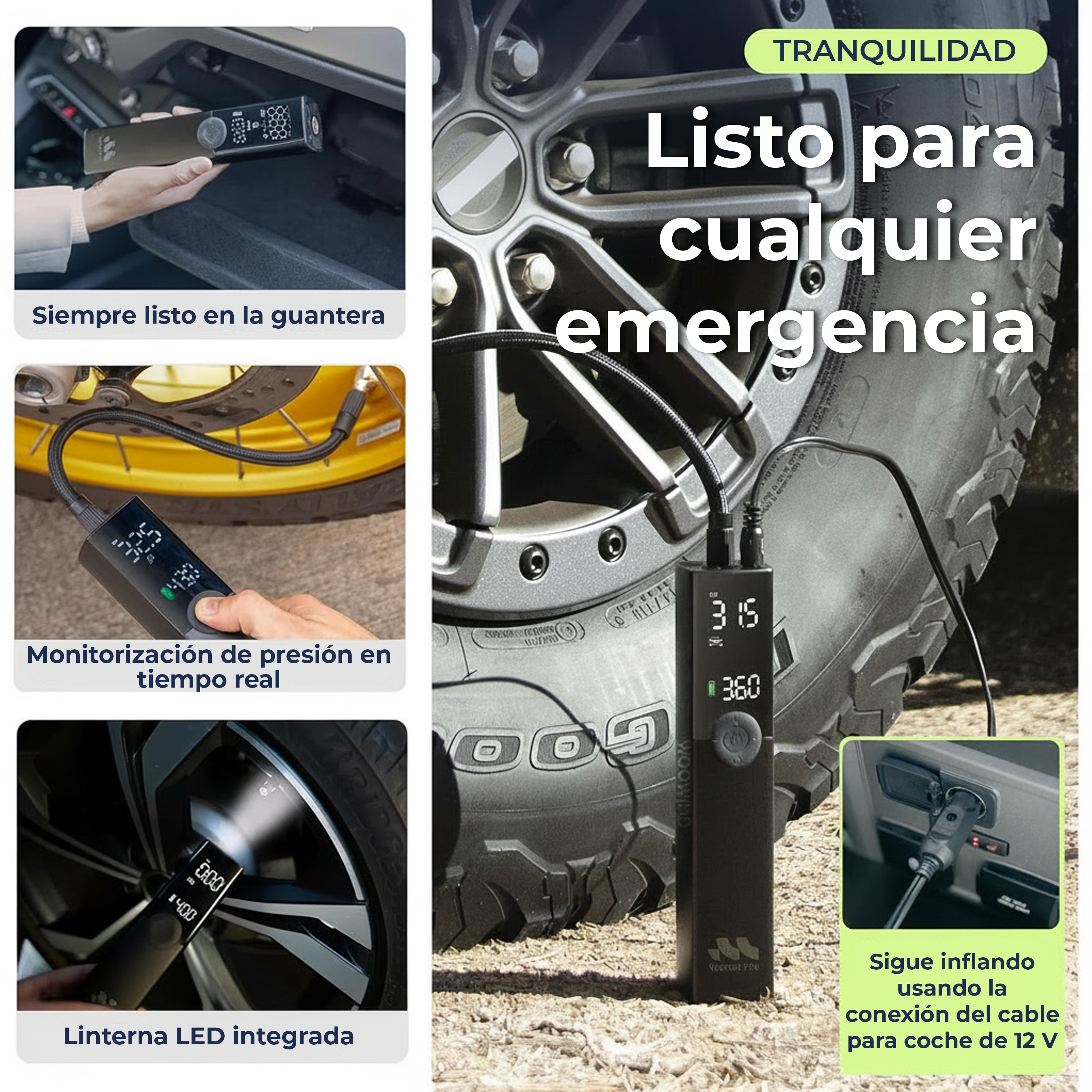 Inflador de llantas con pantalla, en guantera, muestra presión, con LED.