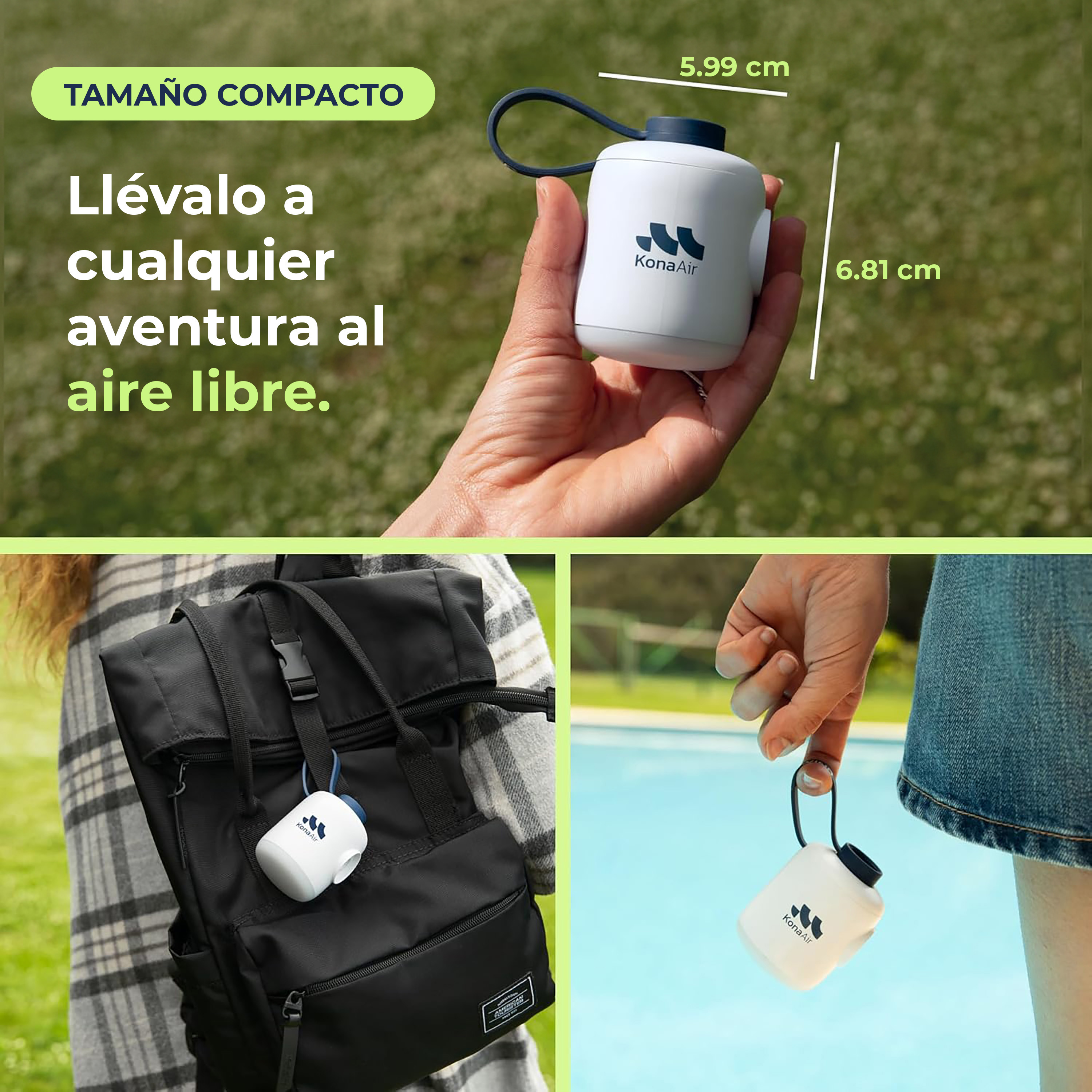 Un purificador Kona Air blanco y compacto se sujeta en mano, a una mochila y a unos vaqueros.