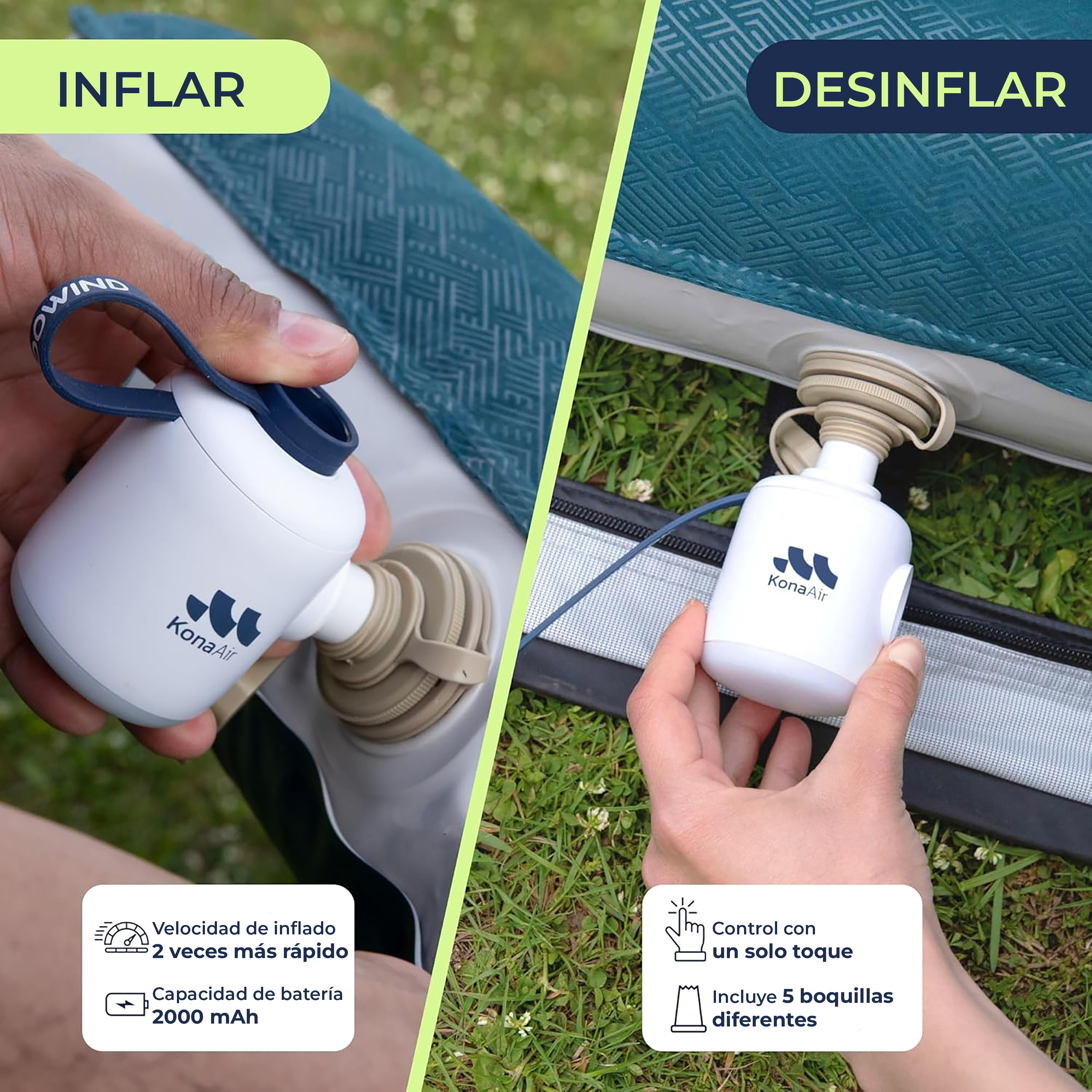 Dispositivo inflable con dos modos: inflar y desinflar.