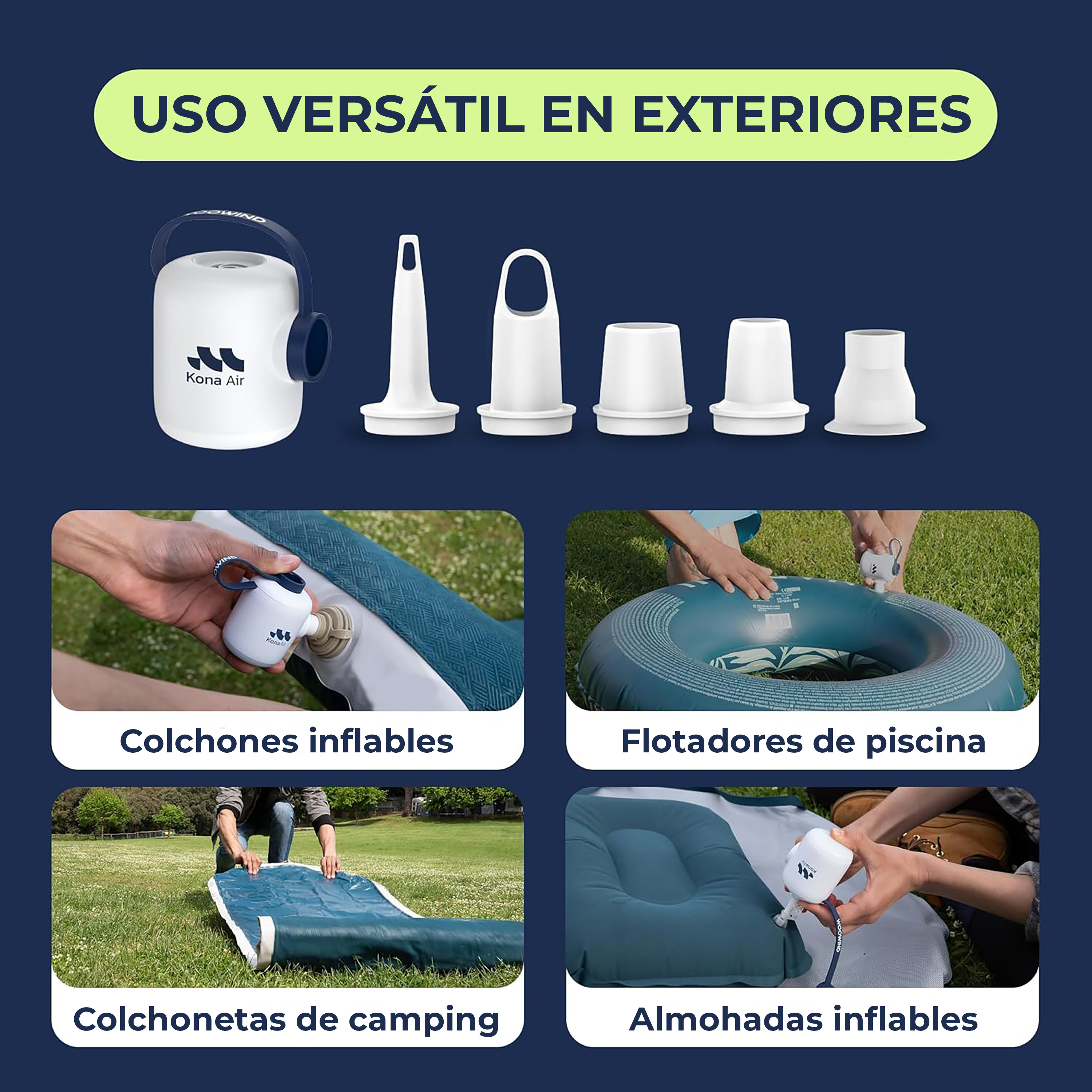 Una bomba inflable con varios accesorios para diversos productos.