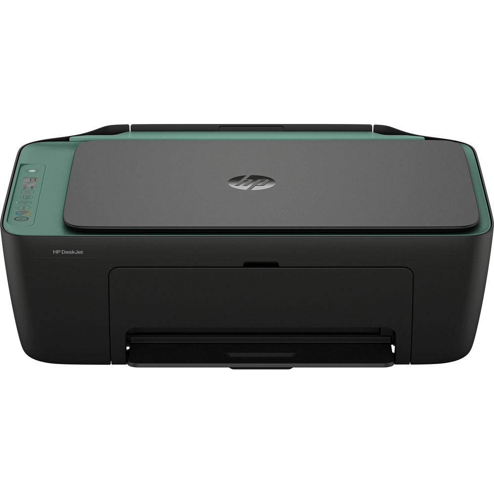 Stampante HP DeskJet nera e verde con pannello di controllo a sinistra.