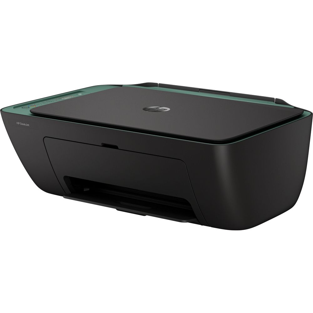 Una stampante HP DeskJet nera con accenti verdi su sfondo bianco.