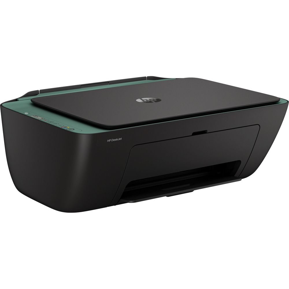 Una stampante HP DeskJet nera con accenti verde acqua su sfondo bianco.