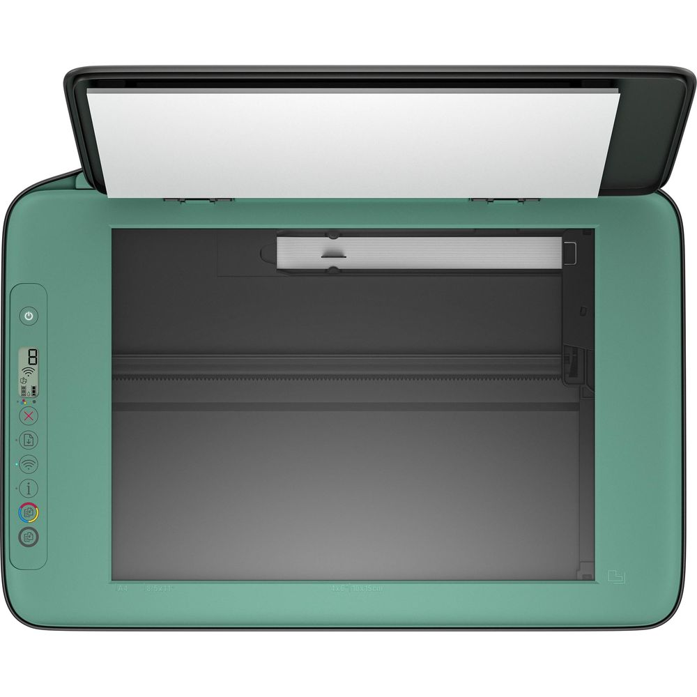 Stampante verde con coperchio aperto, che mostra il piano dello scanner e la carta.