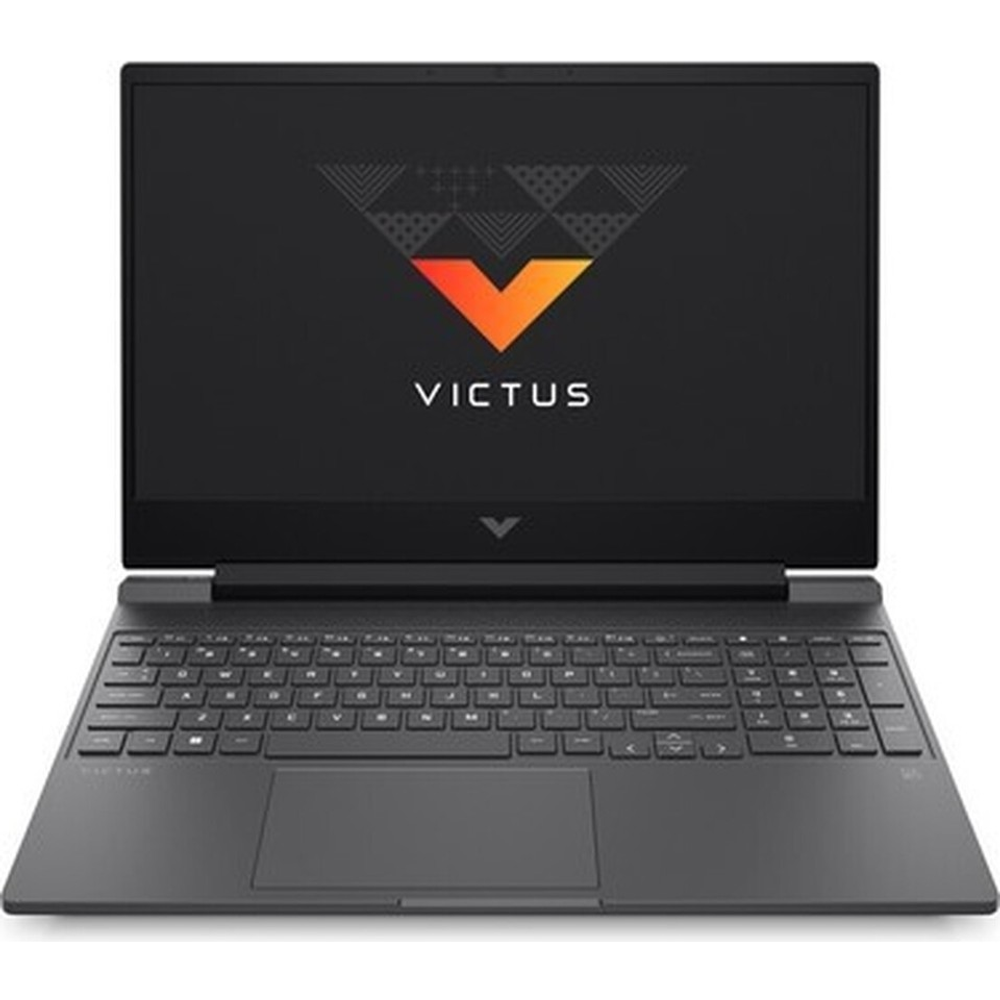 Ekranında "V" logosu ve aydınlatmalı klavyesi olan siyah Victus laptop.