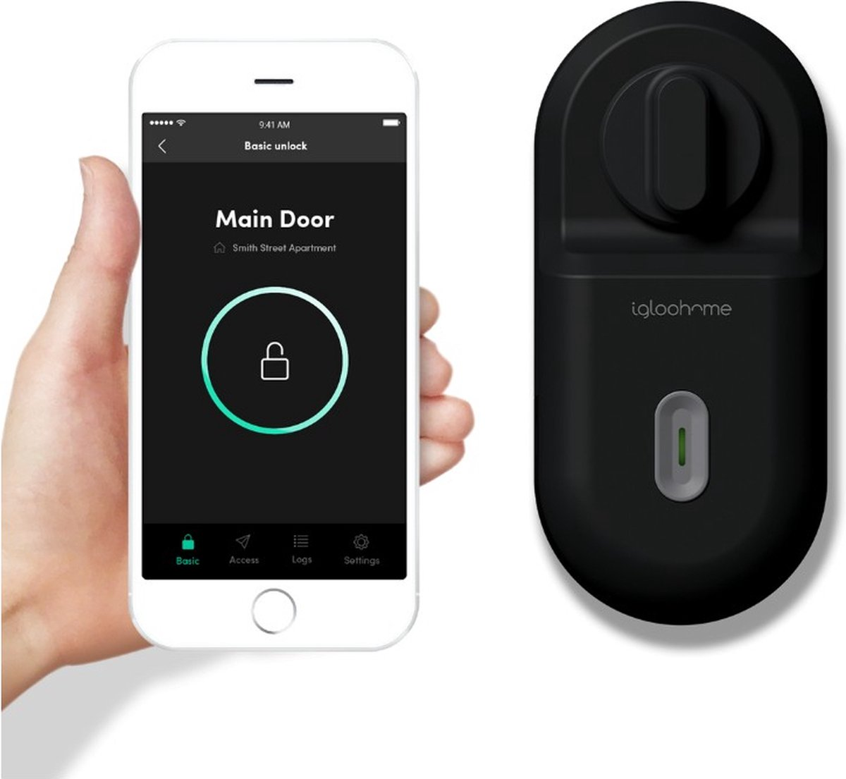 Un smartphone muestra una app de cerradura junto a un candado inteligente negro.