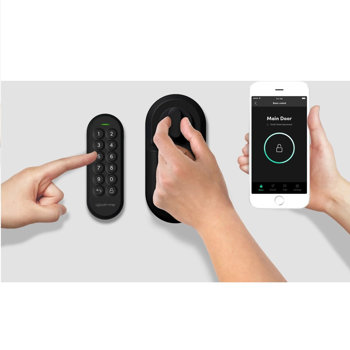 Manos operan un sistema de cerradura: teclado, cerradura y smartphone.
