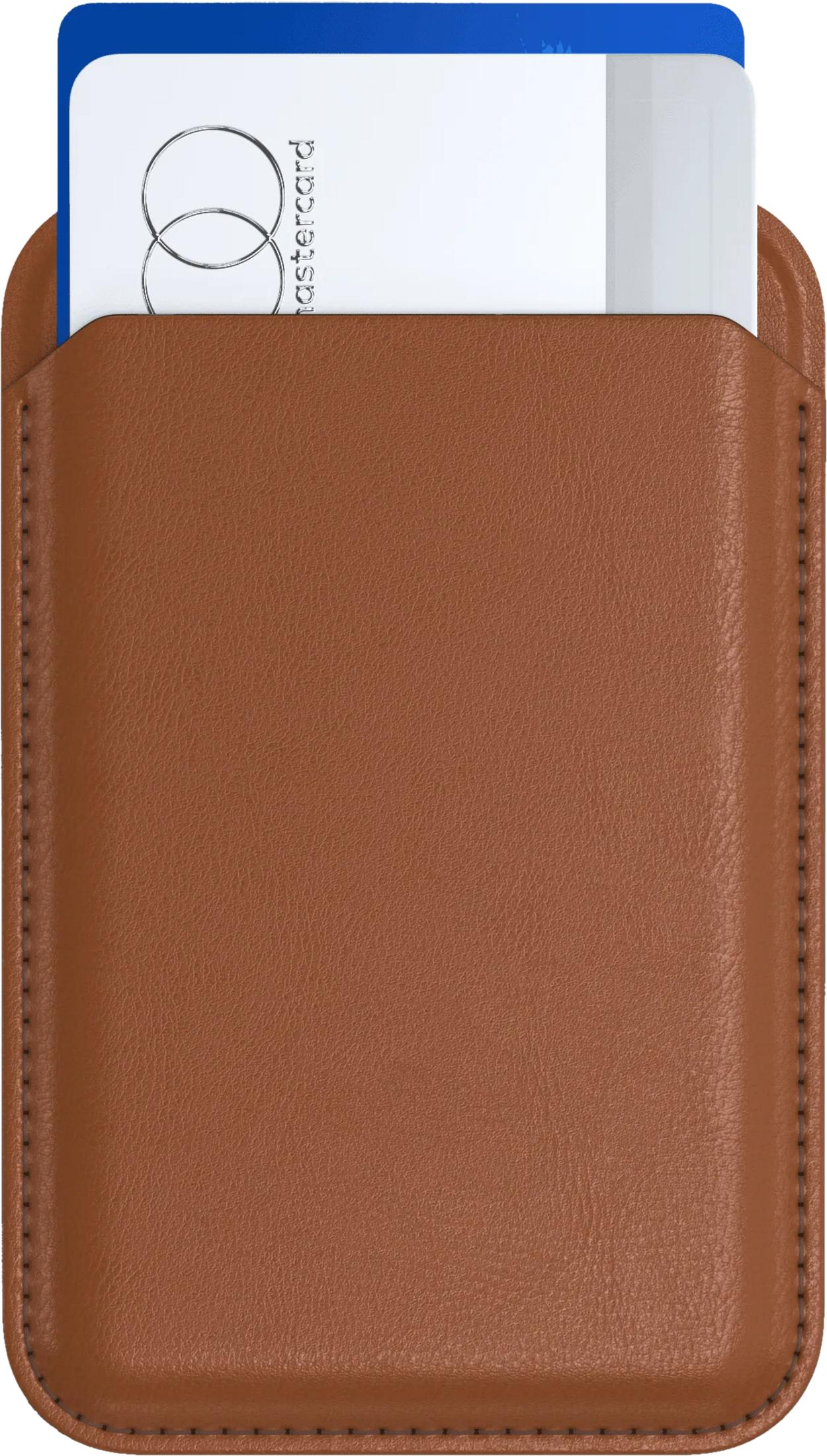 Un porta carte in pelle marrone con una Mastercard e una carta blu.