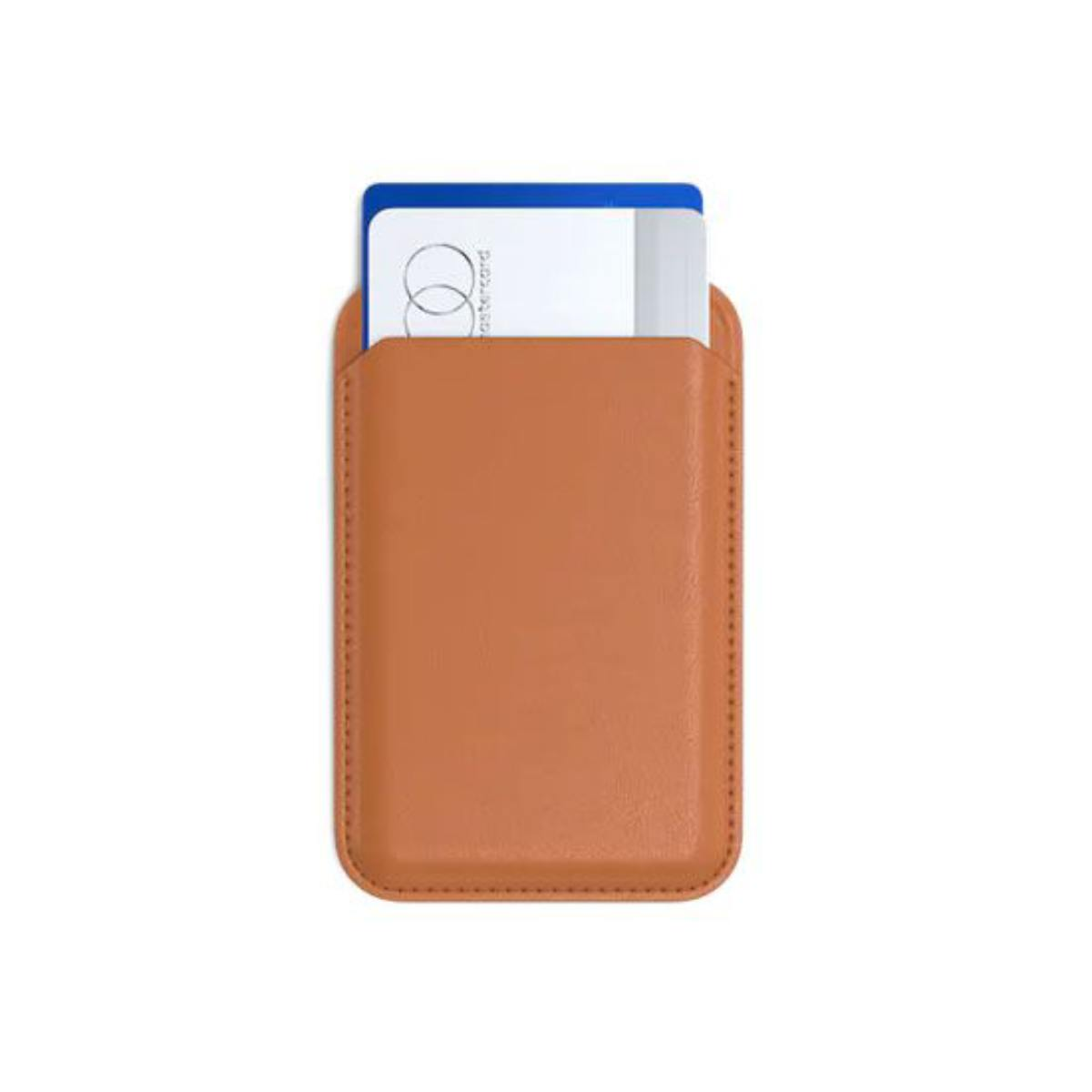 Un porta carte in pelle marrone con due carte parzialmente inserite.