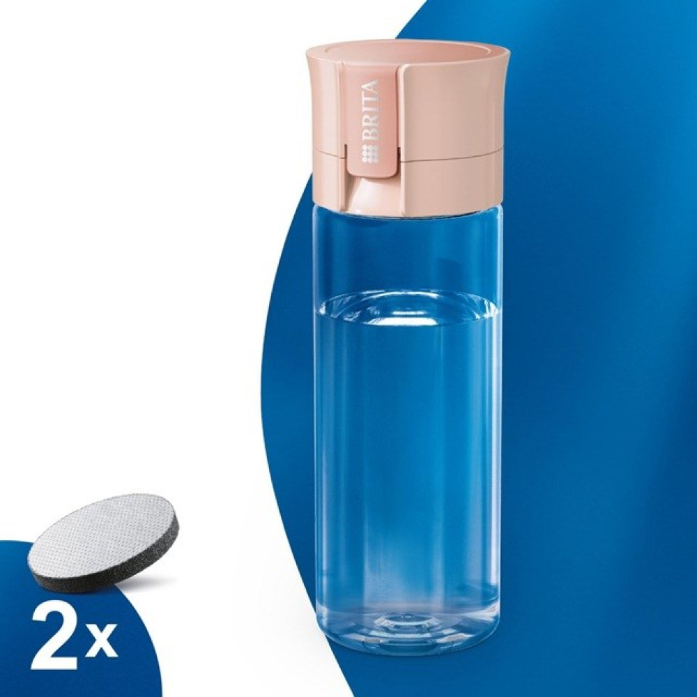 Przezroczysta butelka Brita z różową pokrywką i filtrem do wody.