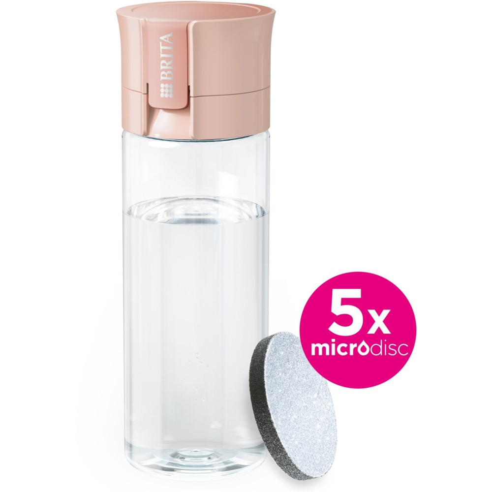Przezroczysta butelka Brita z różową pokrywką, wypełniona wodą, obok filtra. 5x microdysków.