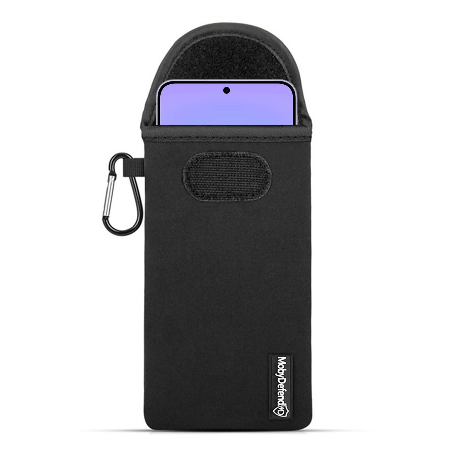 Zwarte telefoonhoes met karabijnhaak en gedeeltelijk zichtbare smartphone.