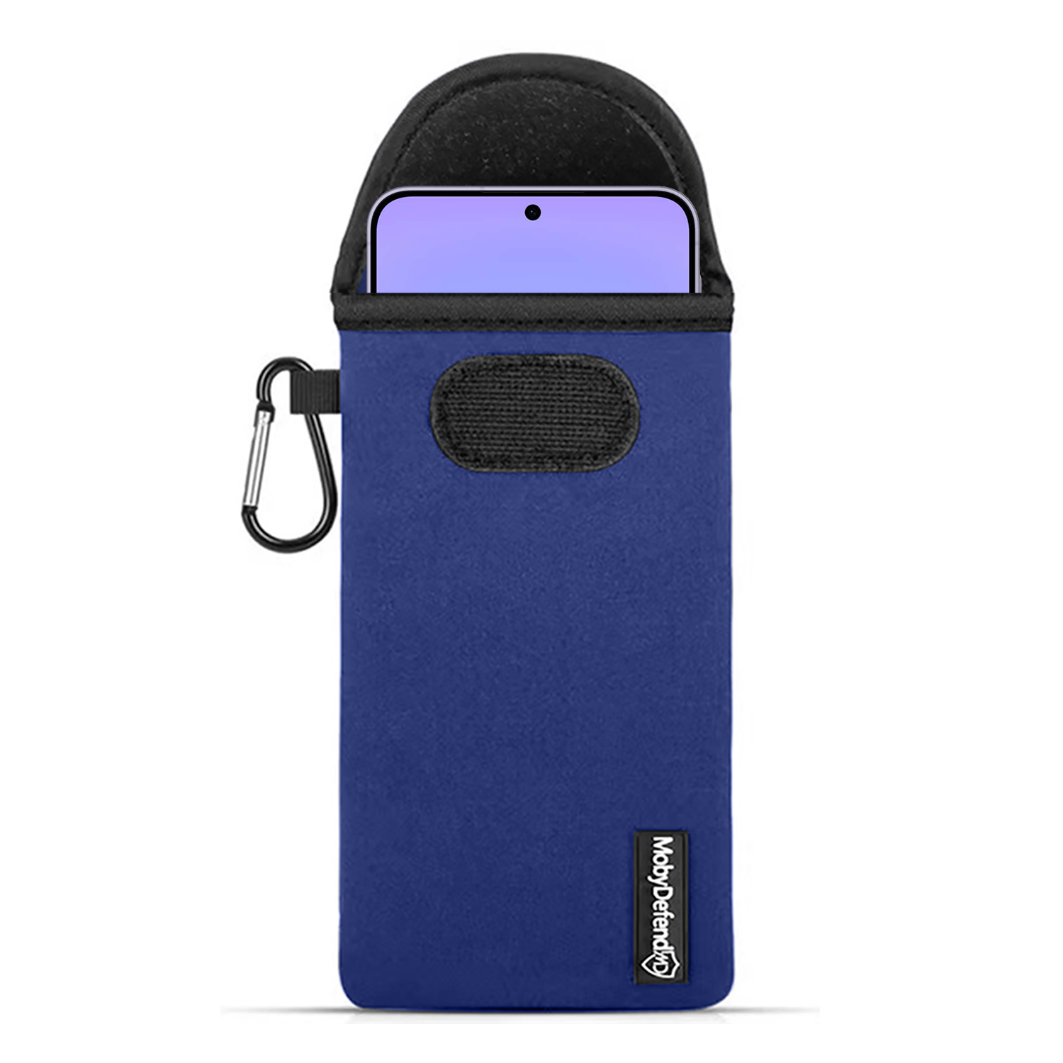 Blauw telefoonhoesje met karabijnhaak en zichtbaar telefoon bovenaan.