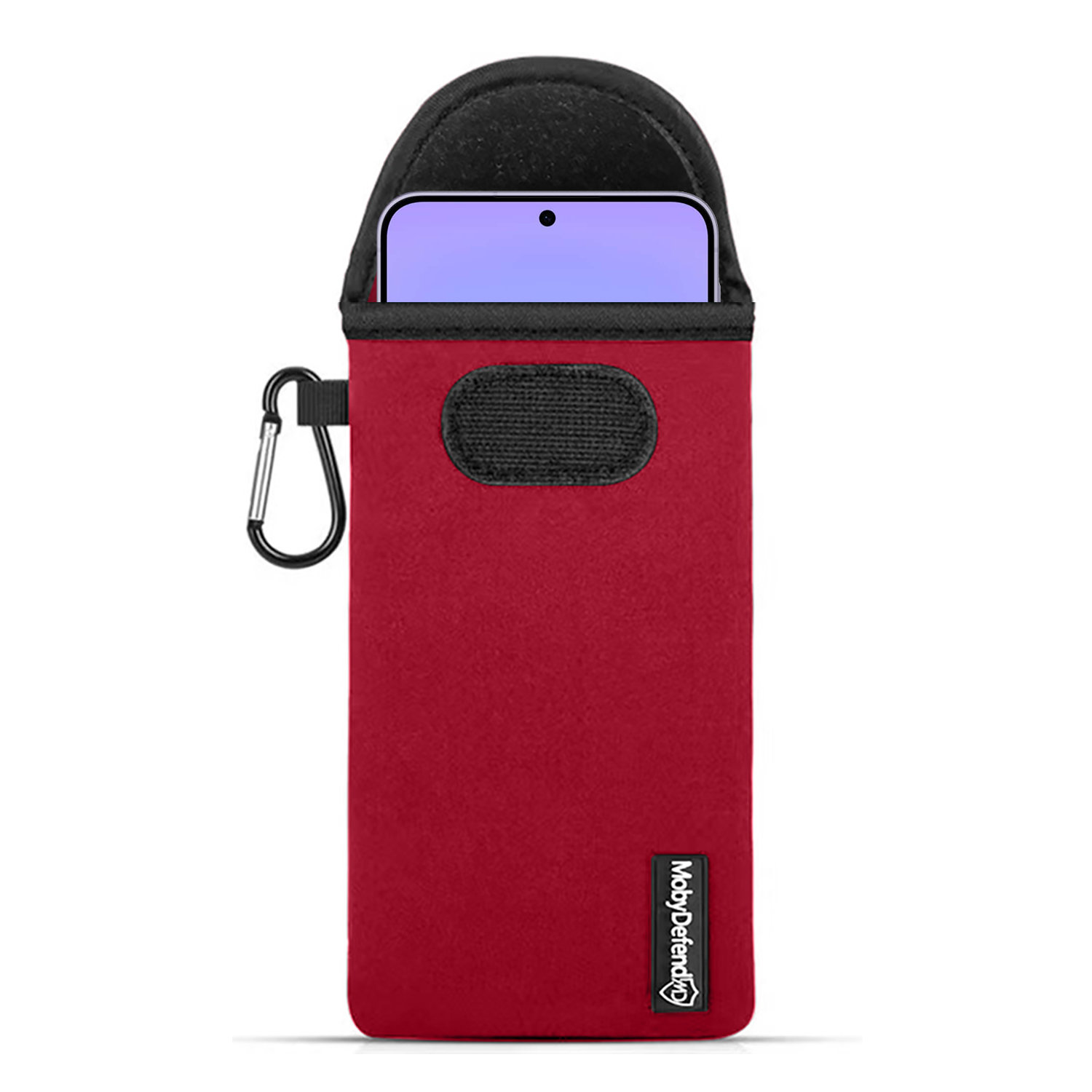 Rood telefoonhoesje met karabijnhaak en gedeeltelijk zichtbare smartphone.