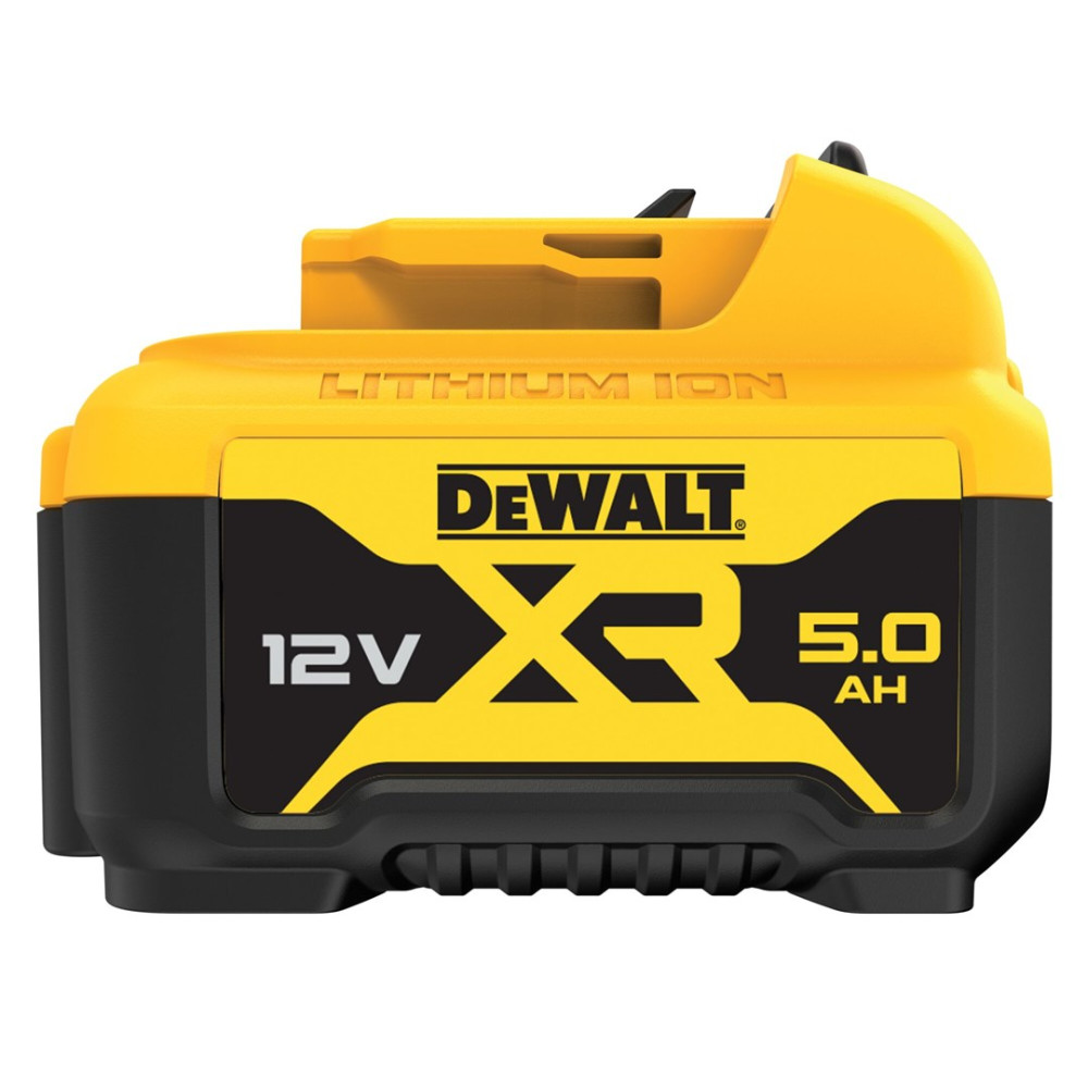 Ein gelber und schwarzer DeWalt 12V 5.0AH XR Lithium-Ionen-Akku.