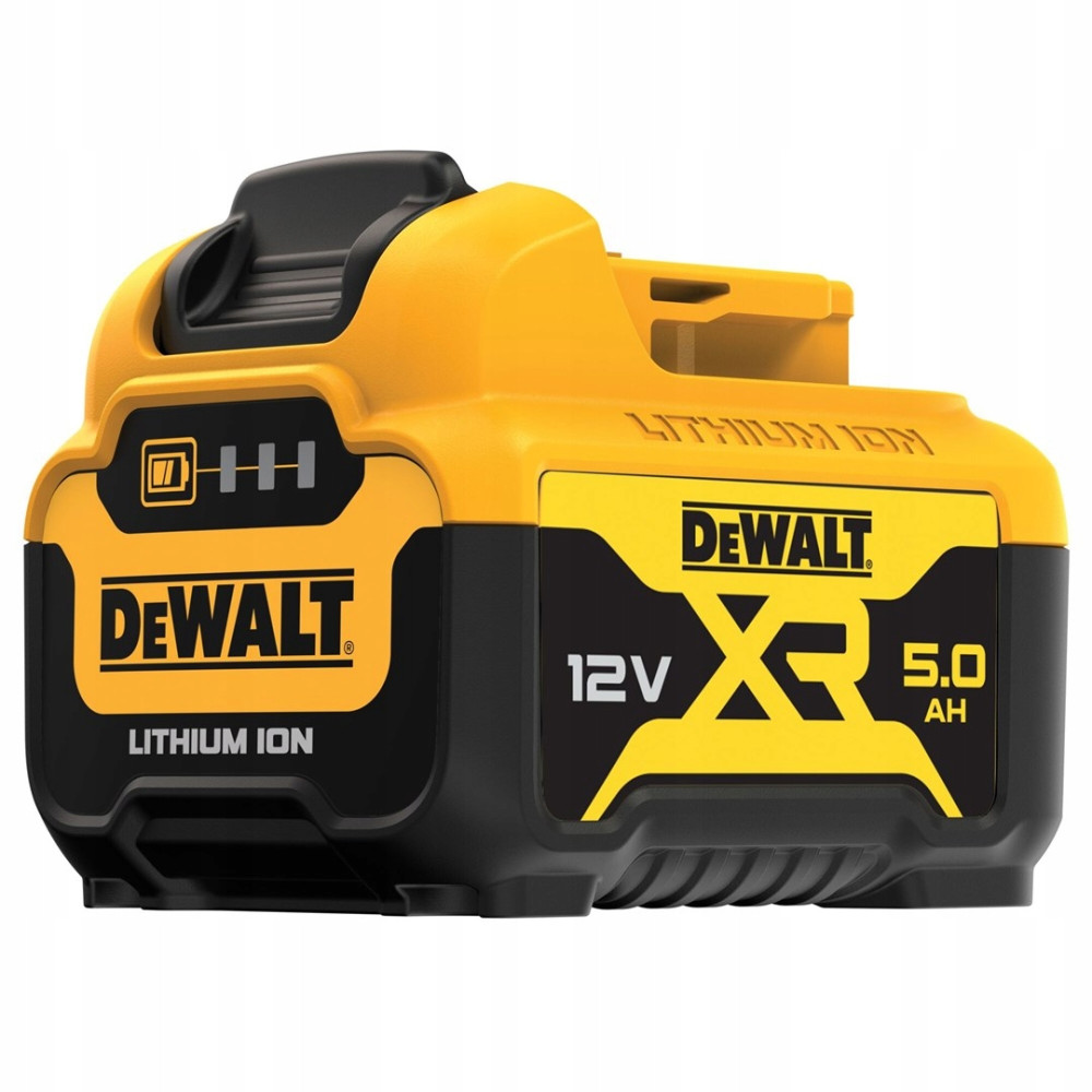 Ein gelber und schwarzer DeWalt 12V XR 5.0 Ah Lithium-Ionen-Akku.