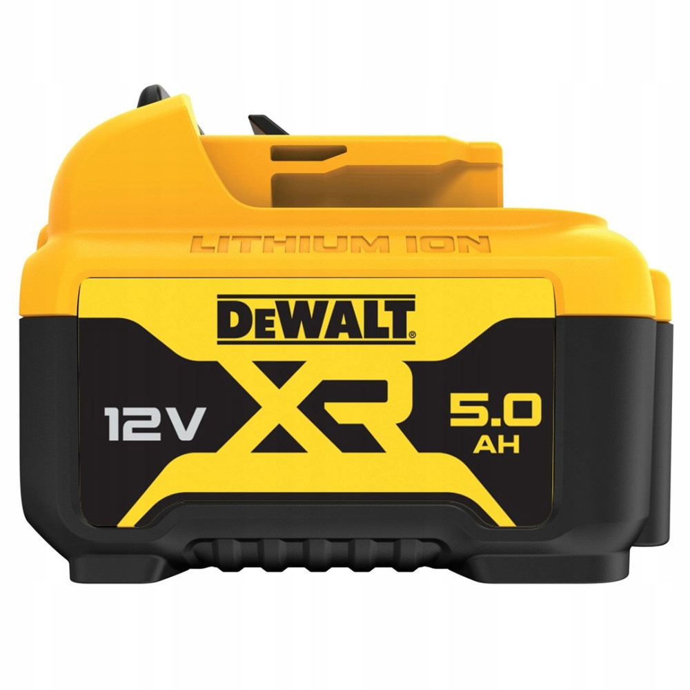 Ein gelber DeWalt 12V XR 5.0 Ah Lithium-Ionen-Akku mit schwarzem Akzent.