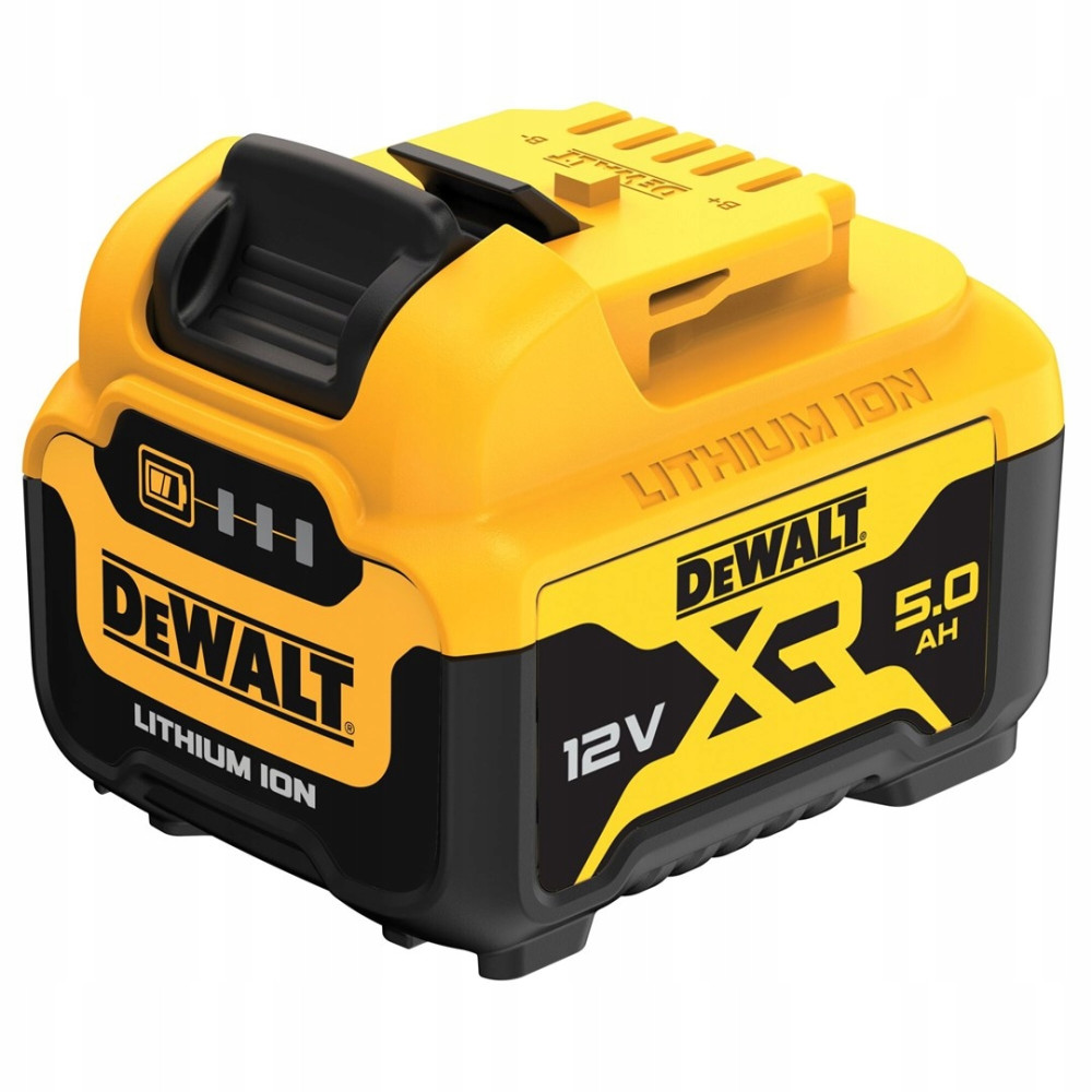 Ein gelber und schwarzer DeWalt 12V 5,0 Ah Lithium-Ionen-Akkupack mit Anzeigelichtern.