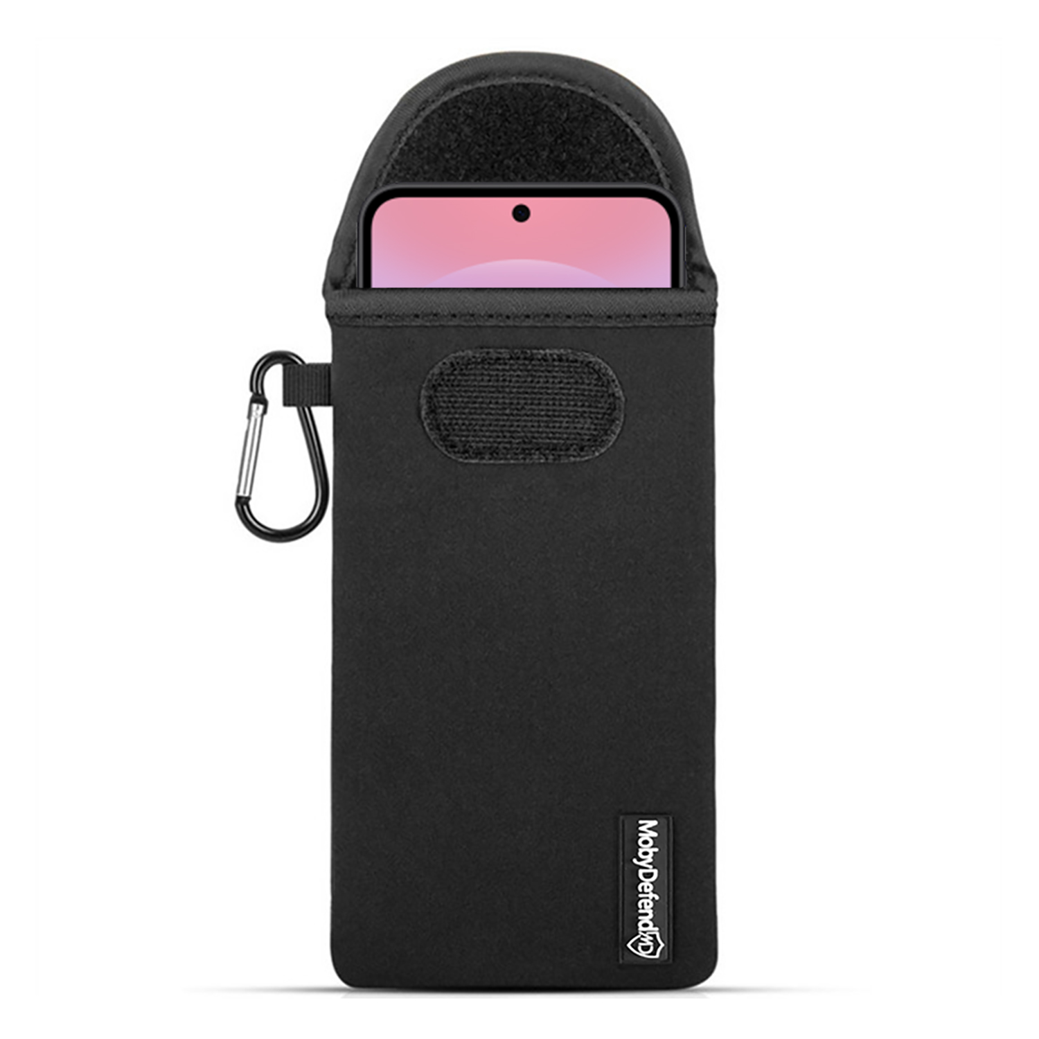 Zwarte telefoonhoes met karabijnhaak en klittenband, deels zichtbaar roze scherm.