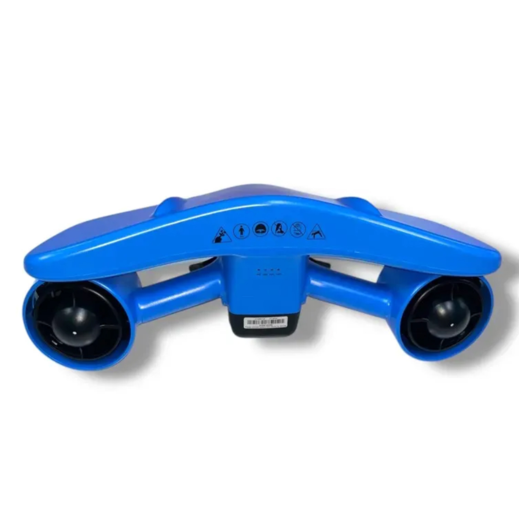 İki siyah pervaneli mavi su altı scooter, beyaz üzerinde izole.
