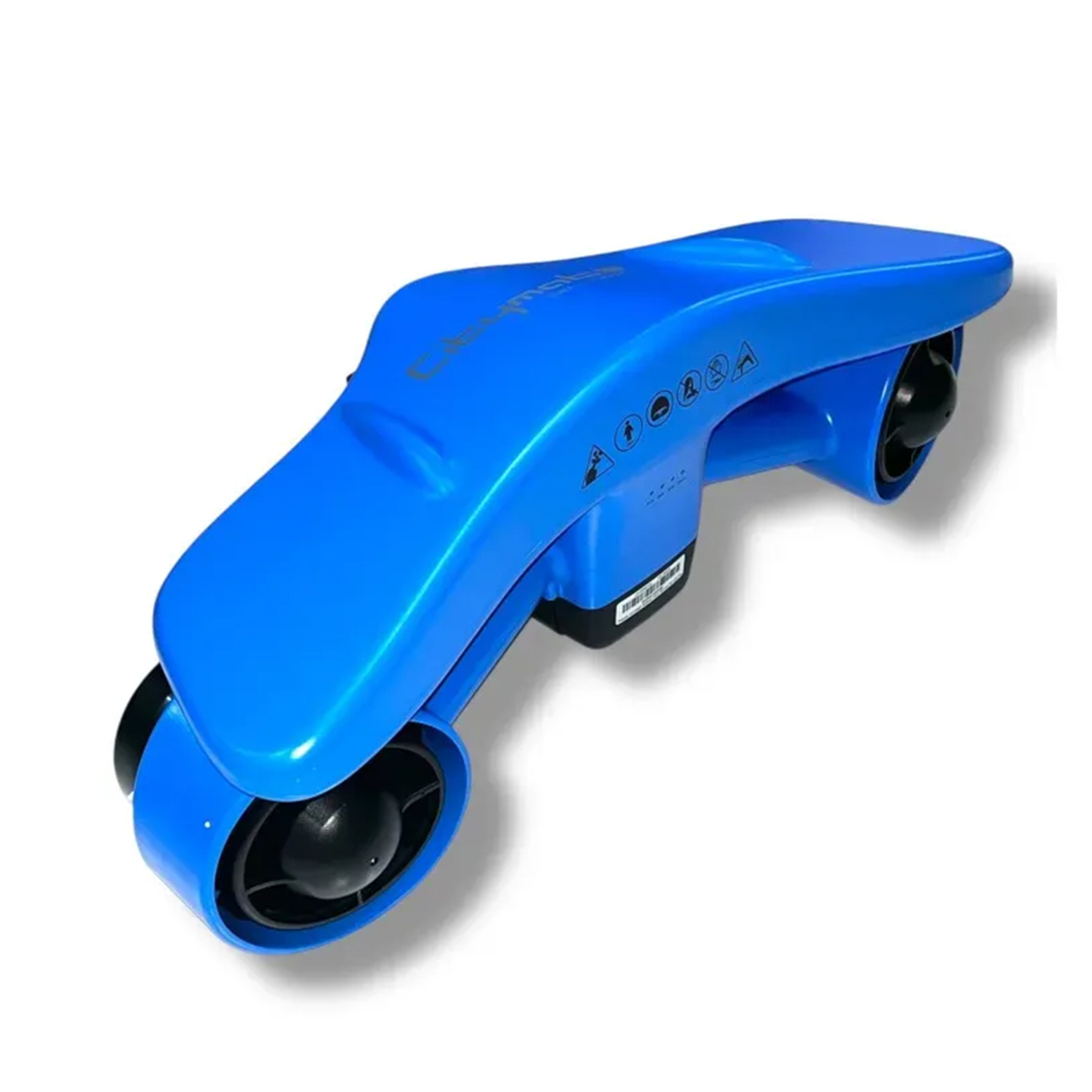 İki pervaneli mavi su altı scooter'ı, beyaz arka plan üzerinde.