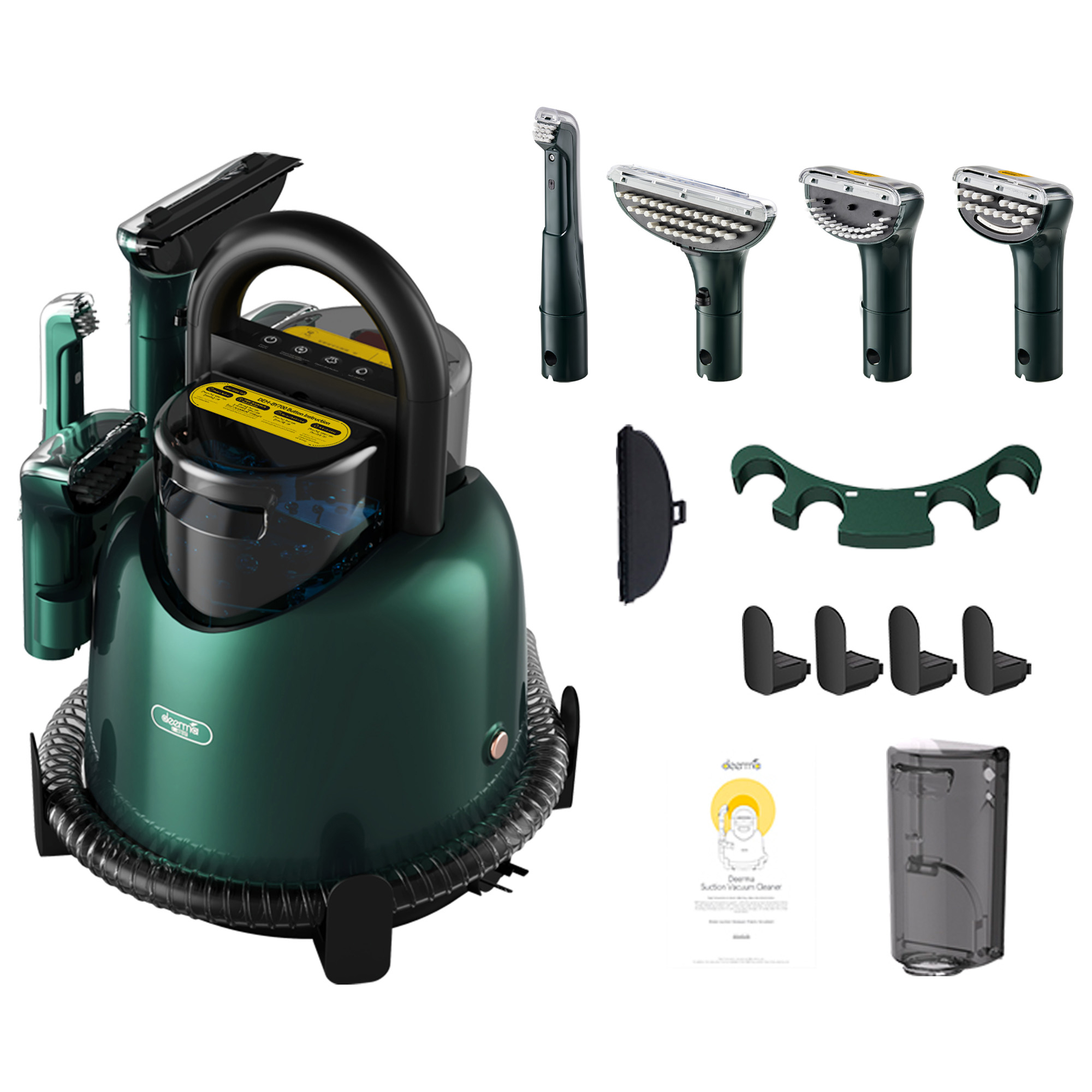 Un aspirapolvere bagnato/asciutto verde con accessori, spazzole e contenitore polvere.
