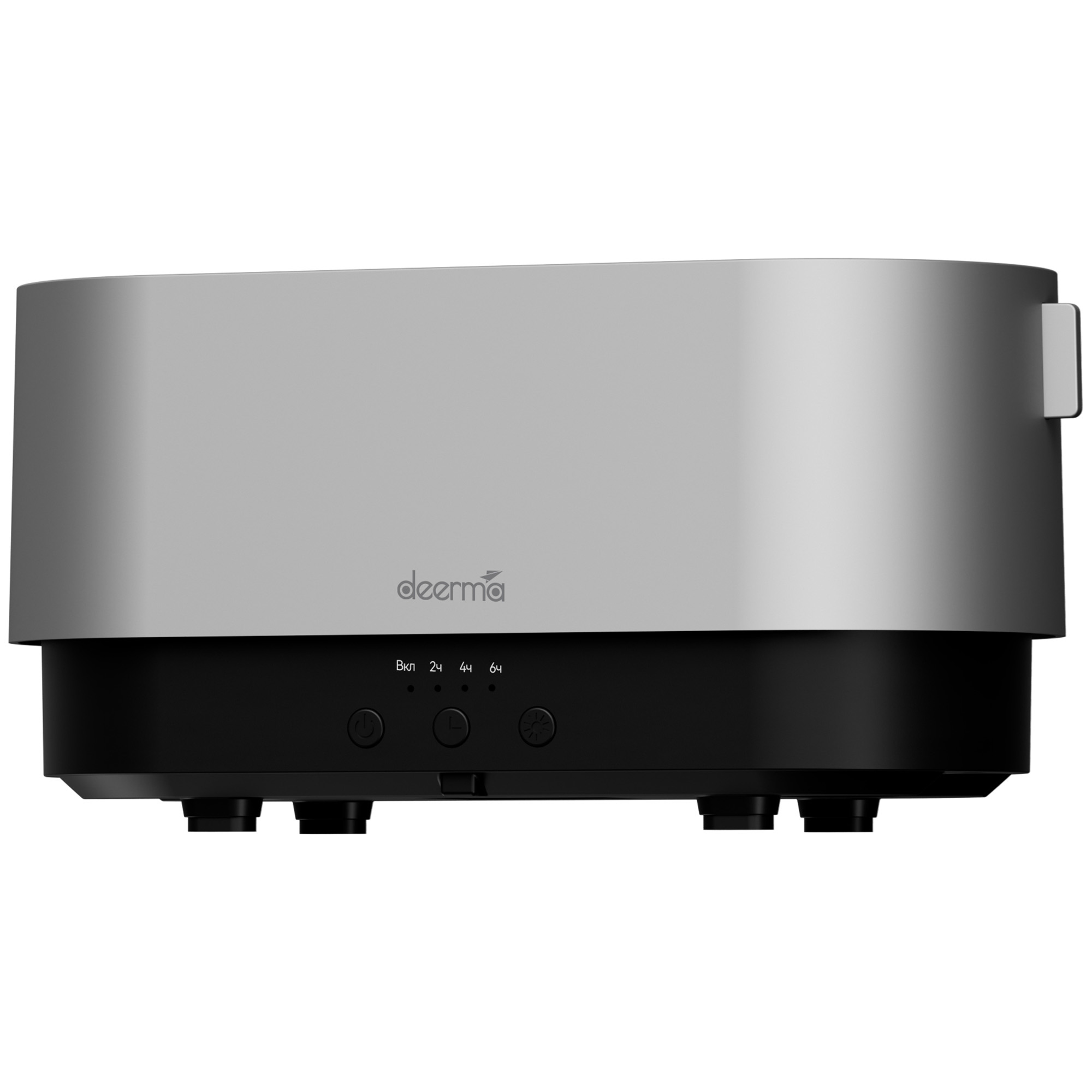 Srebrny nawilżacz z czarnymi przyciskami i nazwą marki.