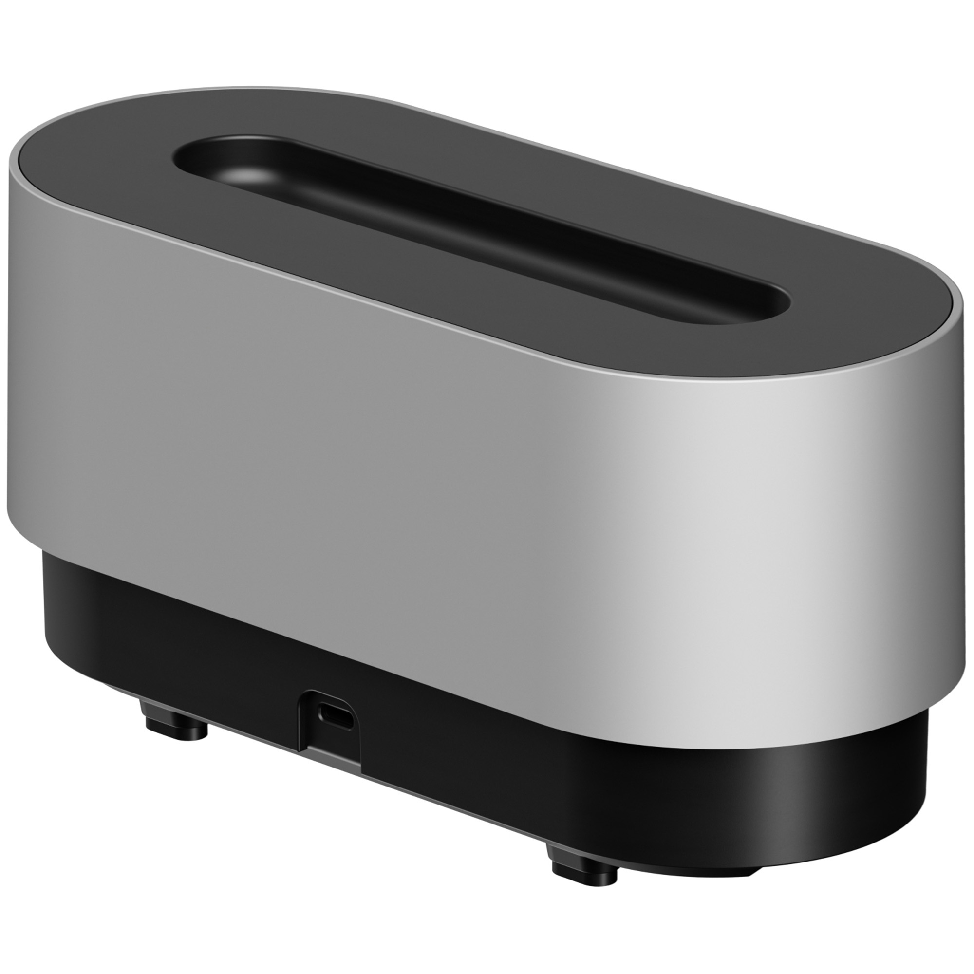 Srebrny i czarny prostokątny pojemnik z ciemnym otworem na górze.